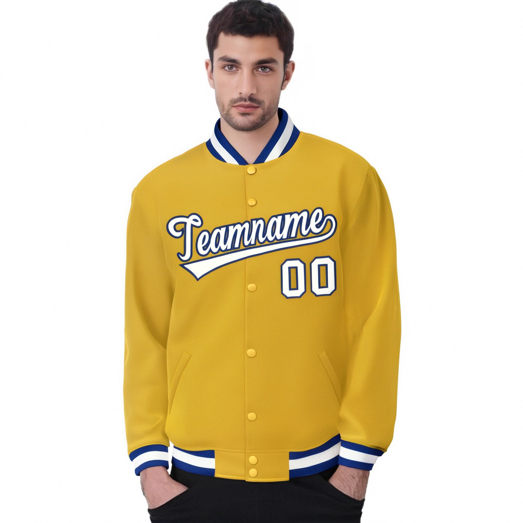 Custom Yellow White Royal-Blue Bomber Full-Snap Varsity Letterman Jacket