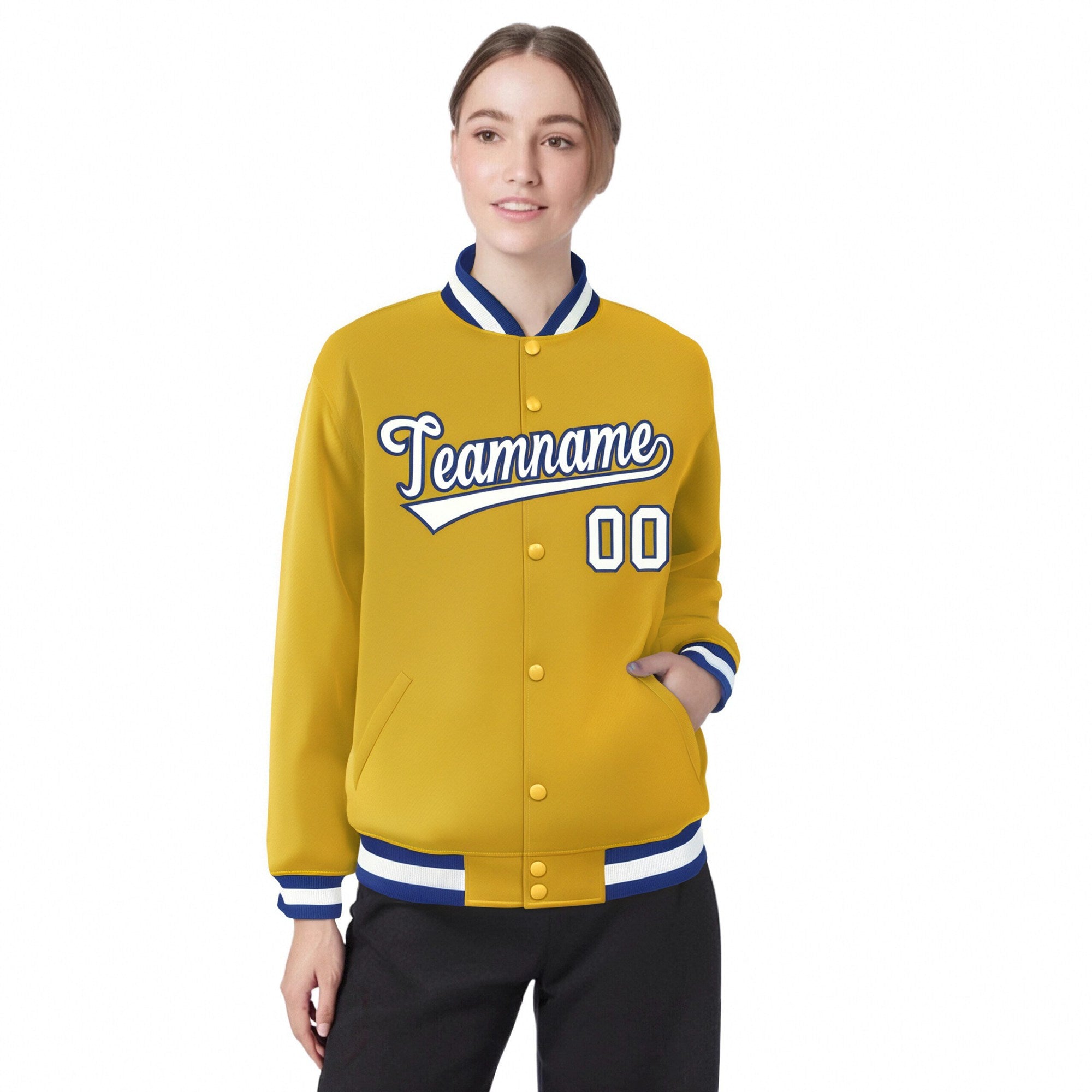 Custom Yellow White Royal-Blue Bomber Full-Snap Varsity Letterman Jacket