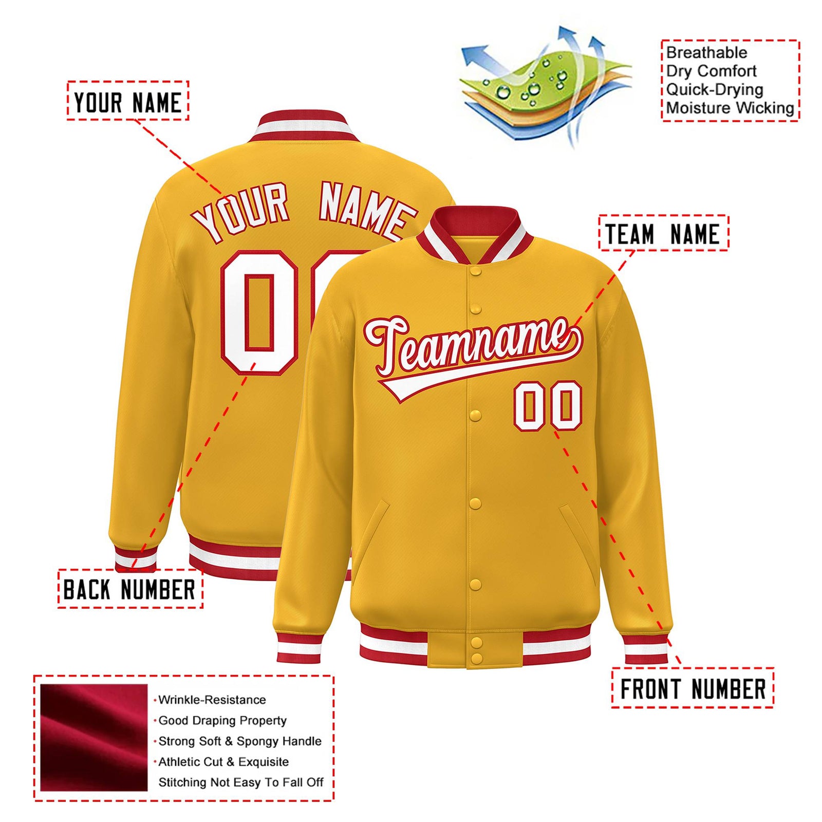Custom Yellow White Red Bomber Full-Snap Varsity Letterman Jacket