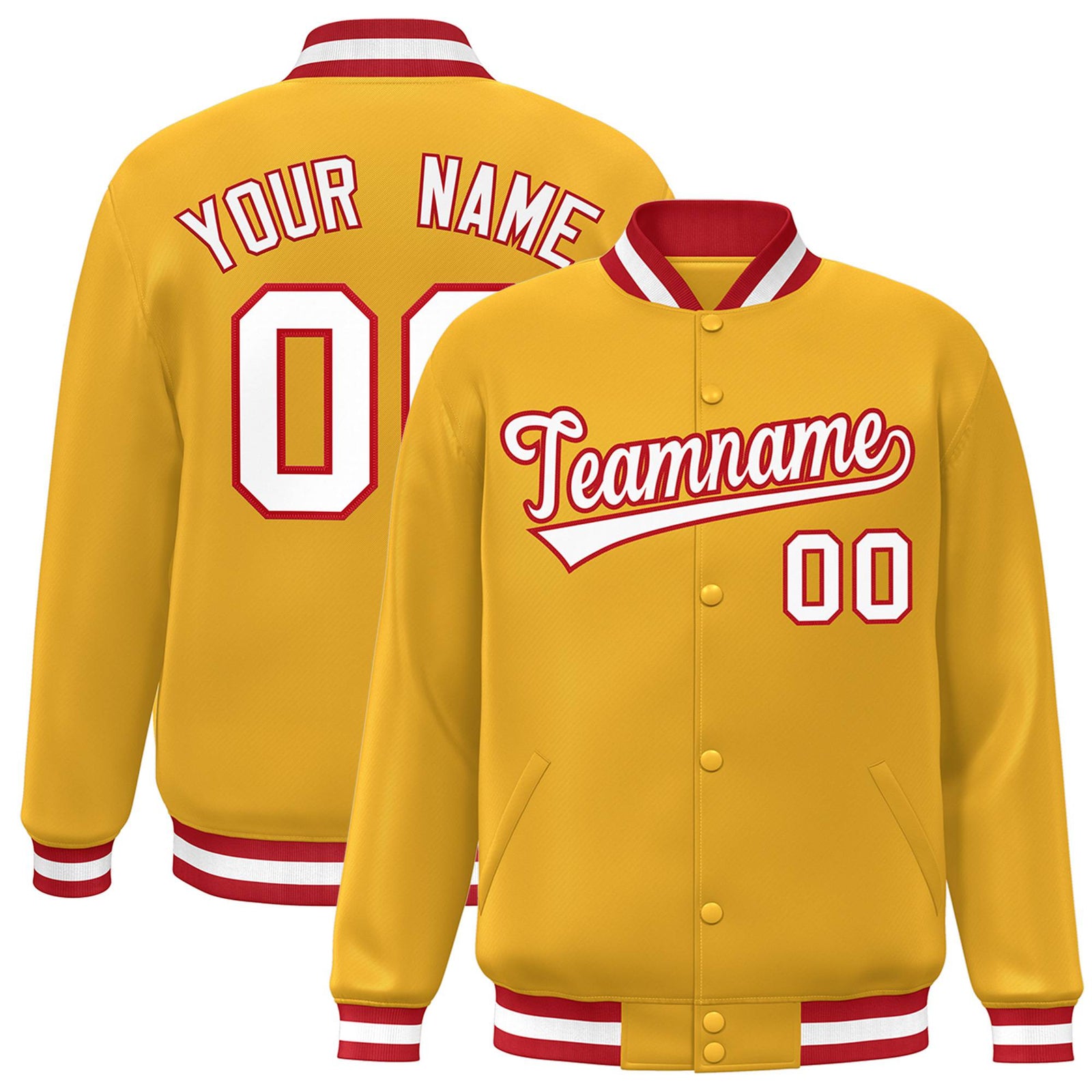 Custom Yellow White Red Bomber Full-Snap Varsity Letterman Jacket