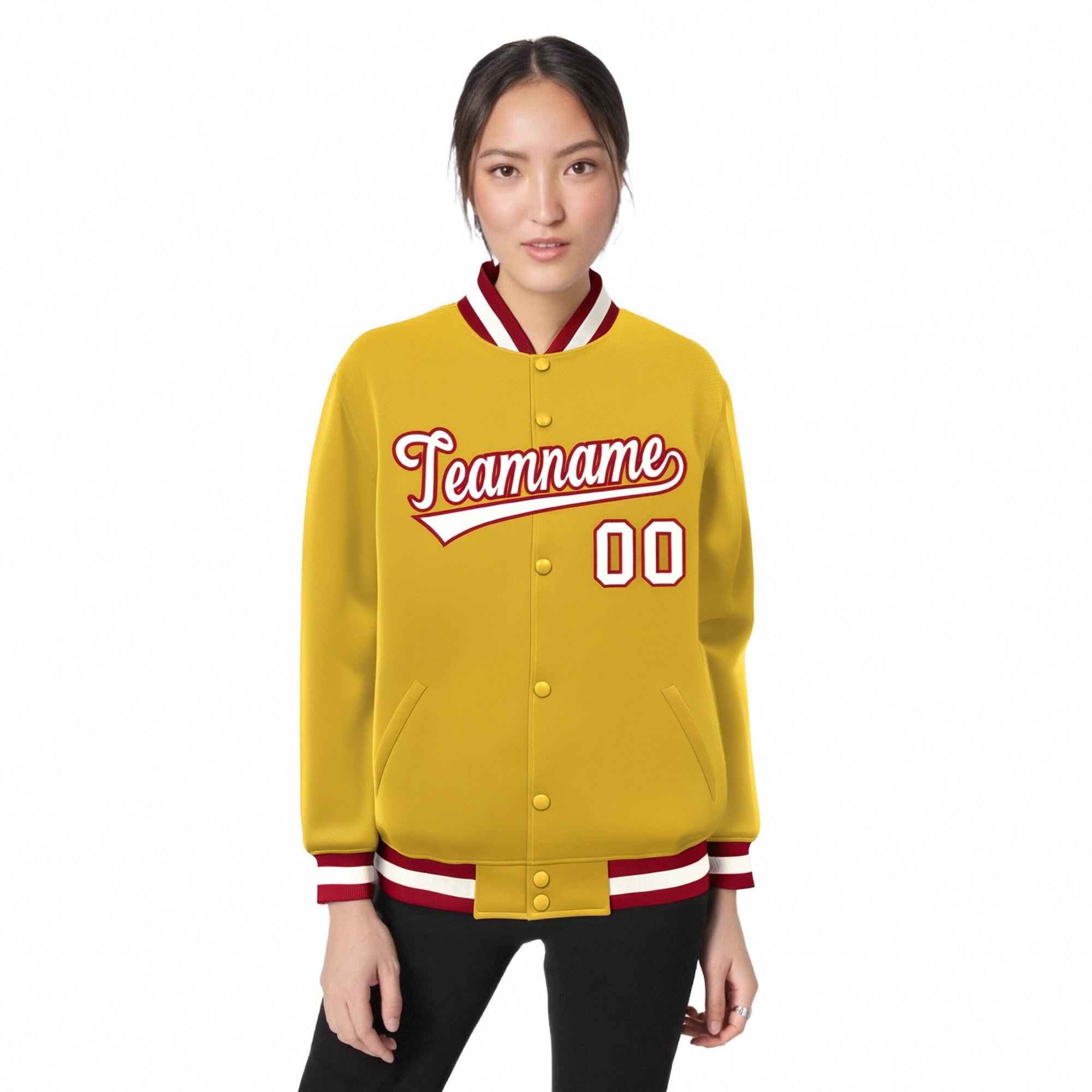 Custom Yellow White Red Bomber Full-Snap Varsity Letterman Jacket