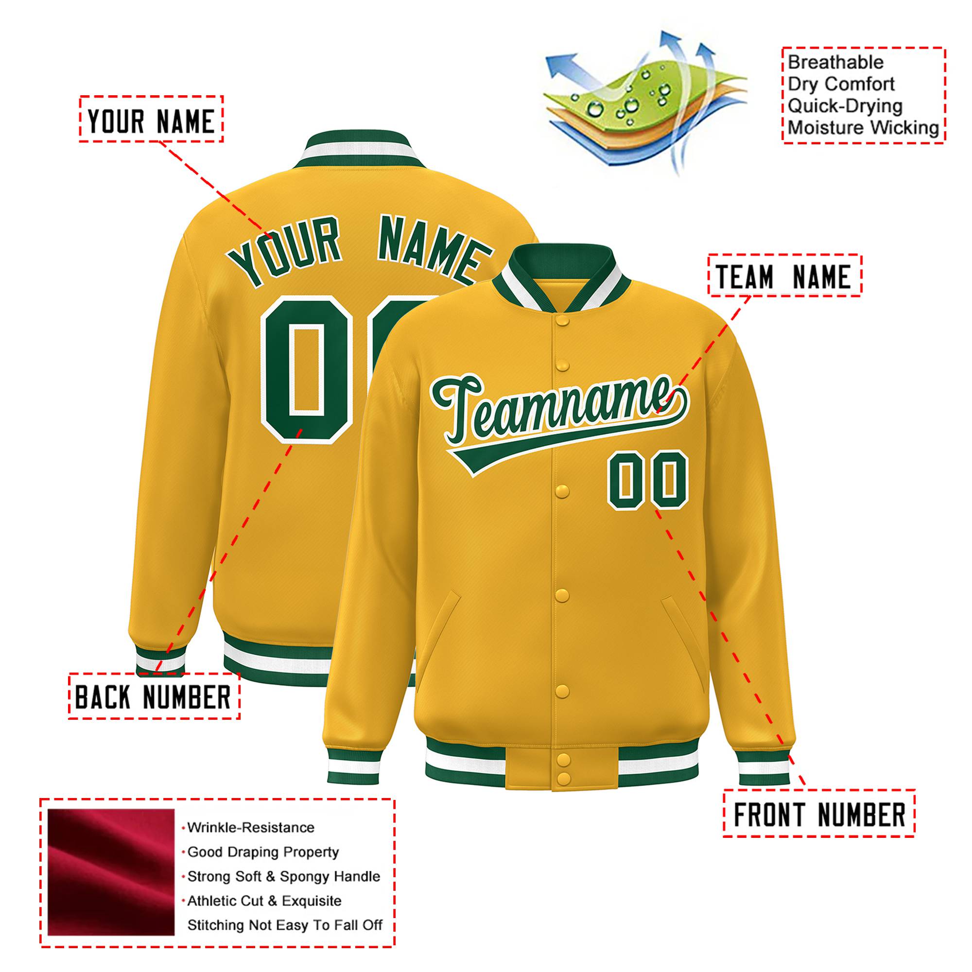 Custom Yellow Kelly-Green White Bomber Full-Snap Varsity Letterman Jacket