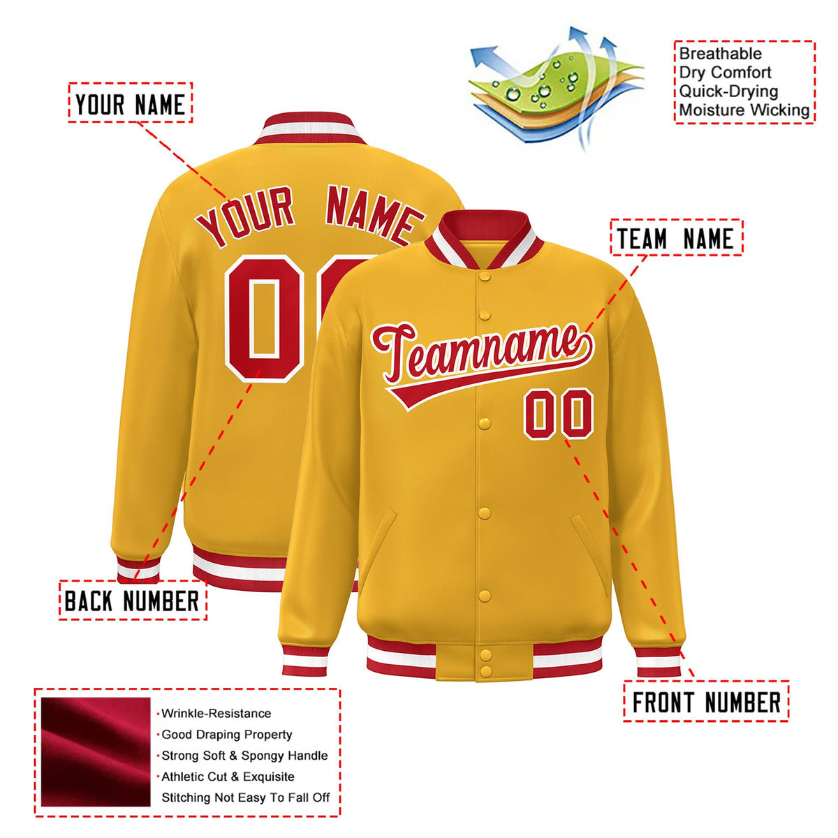 Custom Yellow Red-White Bomber Full-Snap Varsity Letterman Jacket