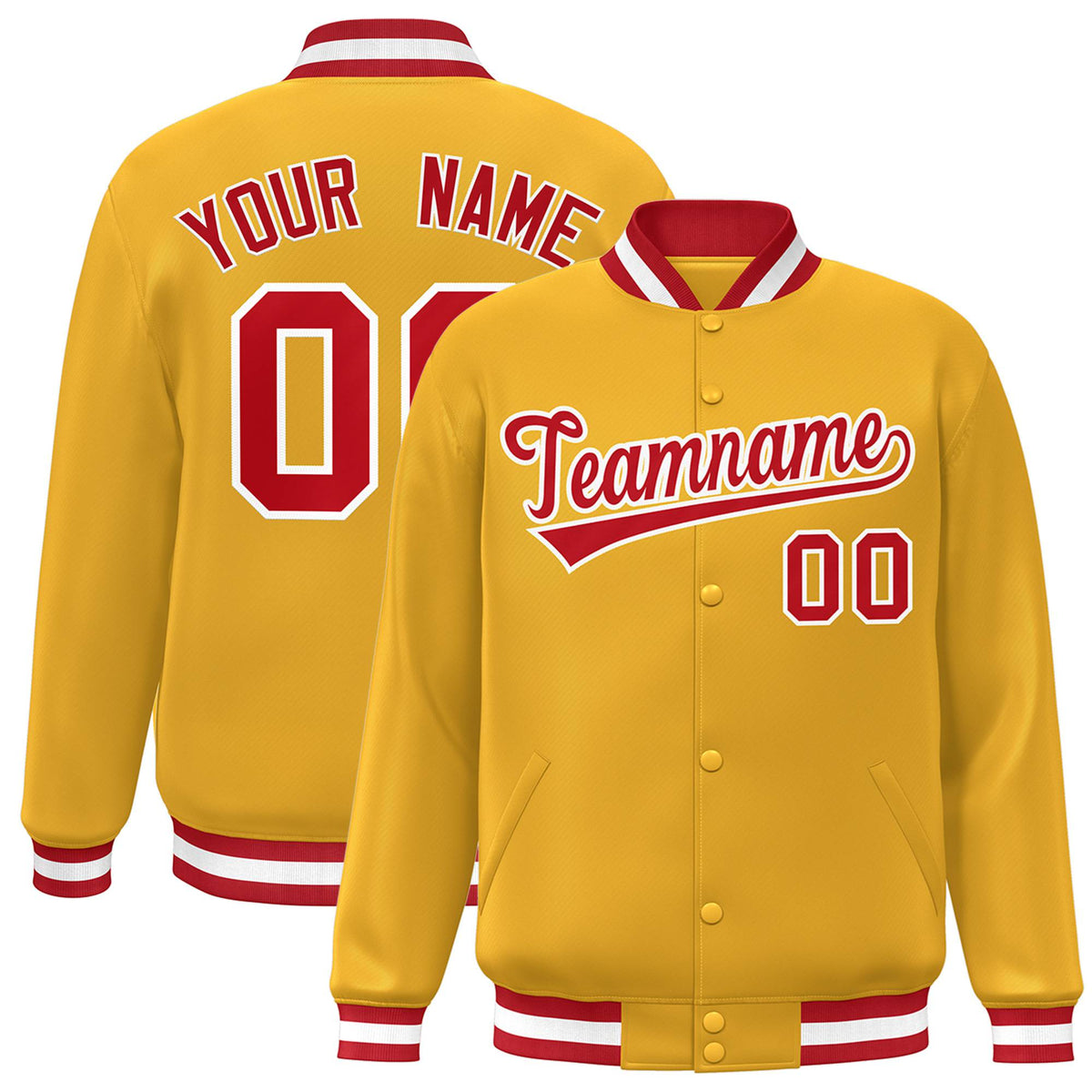 Custom Yellow Red-White Bomber Full-Snap Varsity Letterman Jacket