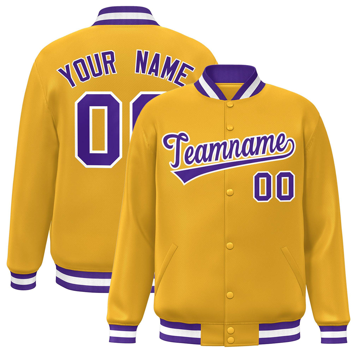Custom Yellow Purple-White Bomber Full-Snap Varsity Letterman Jacket