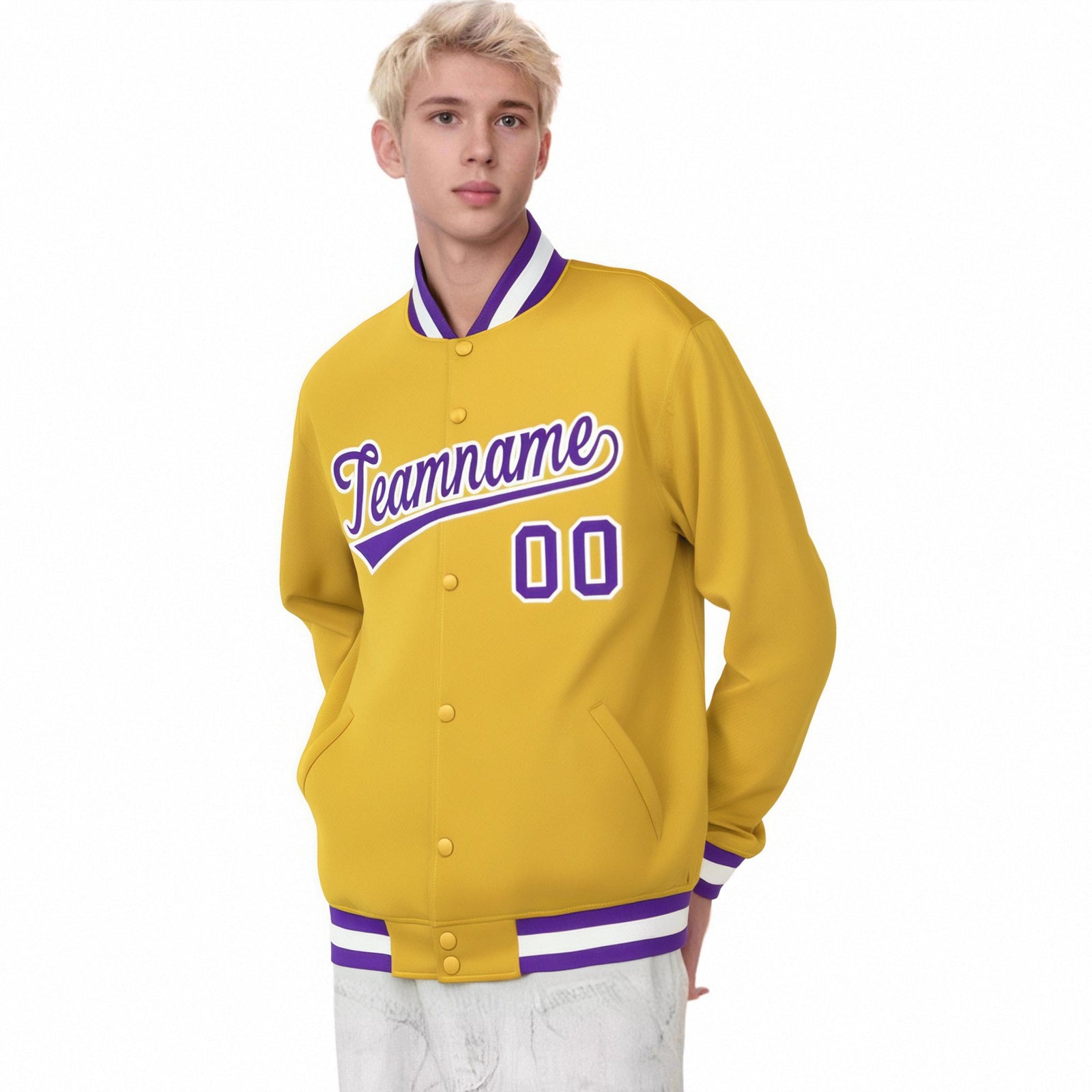 Custom Yellow Purple-White Bomber Full-Snap Varsity Letterman Jacket