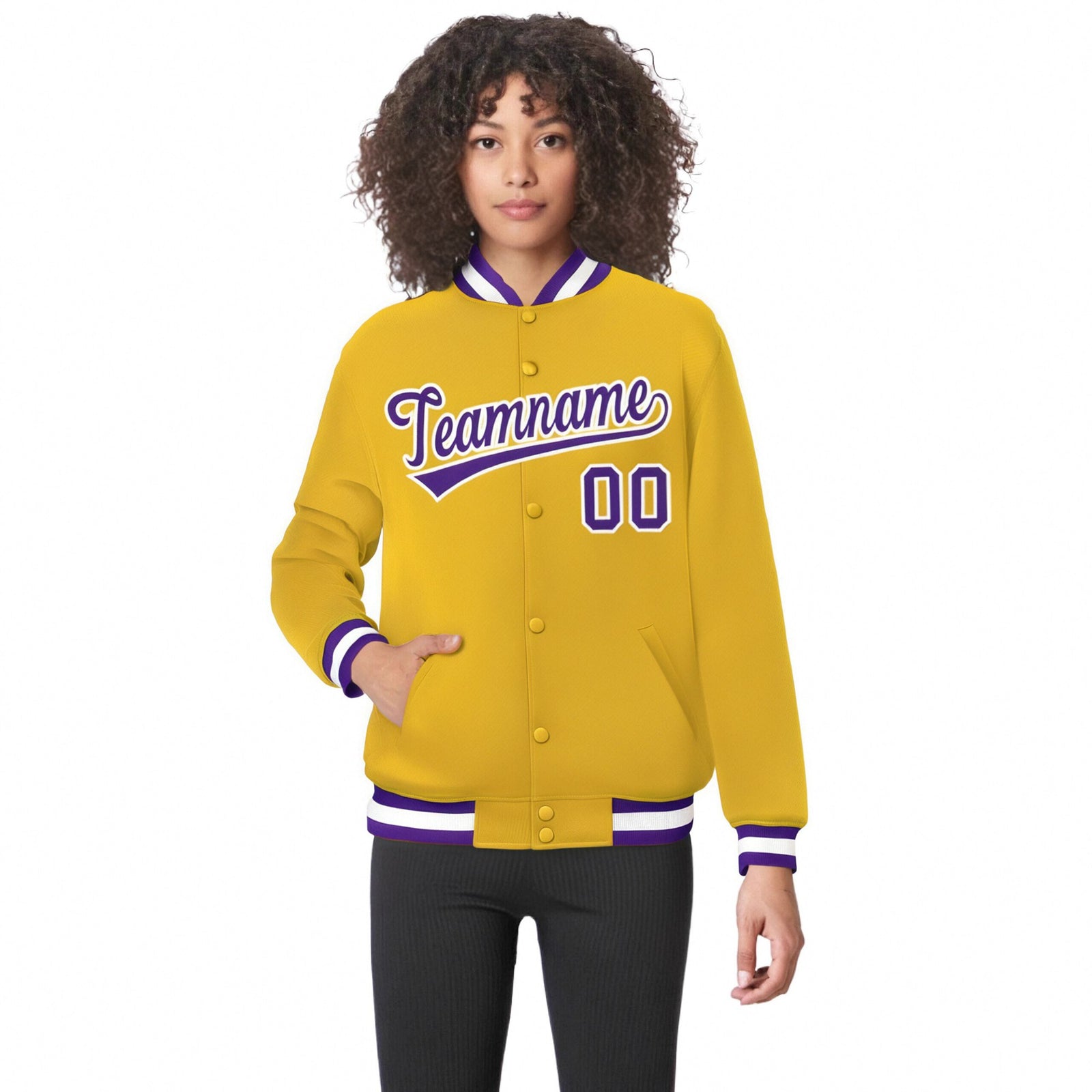 Custom Yellow Purple-White Bomber Full-Snap Varsity Letterman Jacket