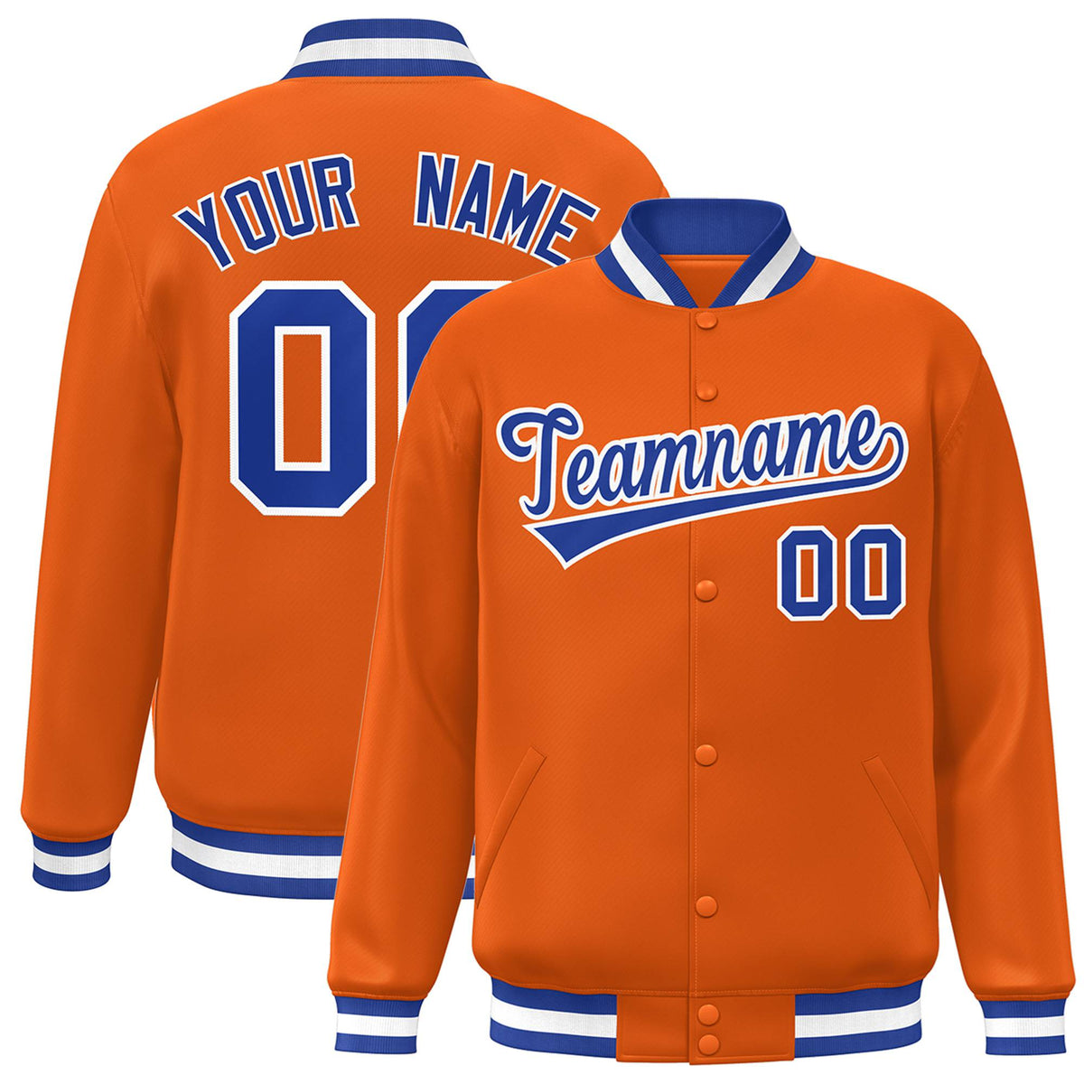 Custom Orange Thunder-Blue White Bomber Full-Snap Varsity Letterman Jacket