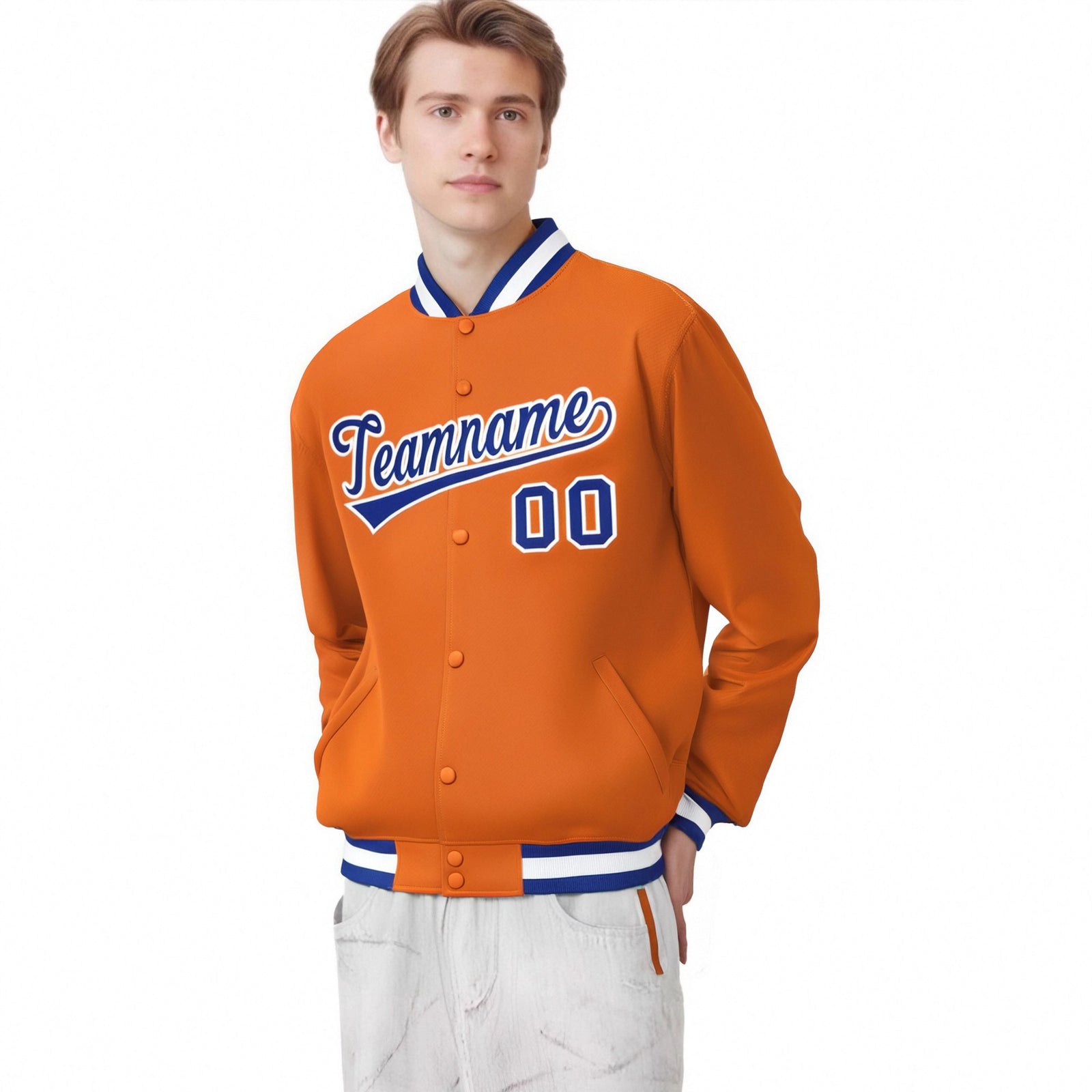 Custom Orange Thunder-Blue White Bomber Full-Snap Varsity Letterman Jacket