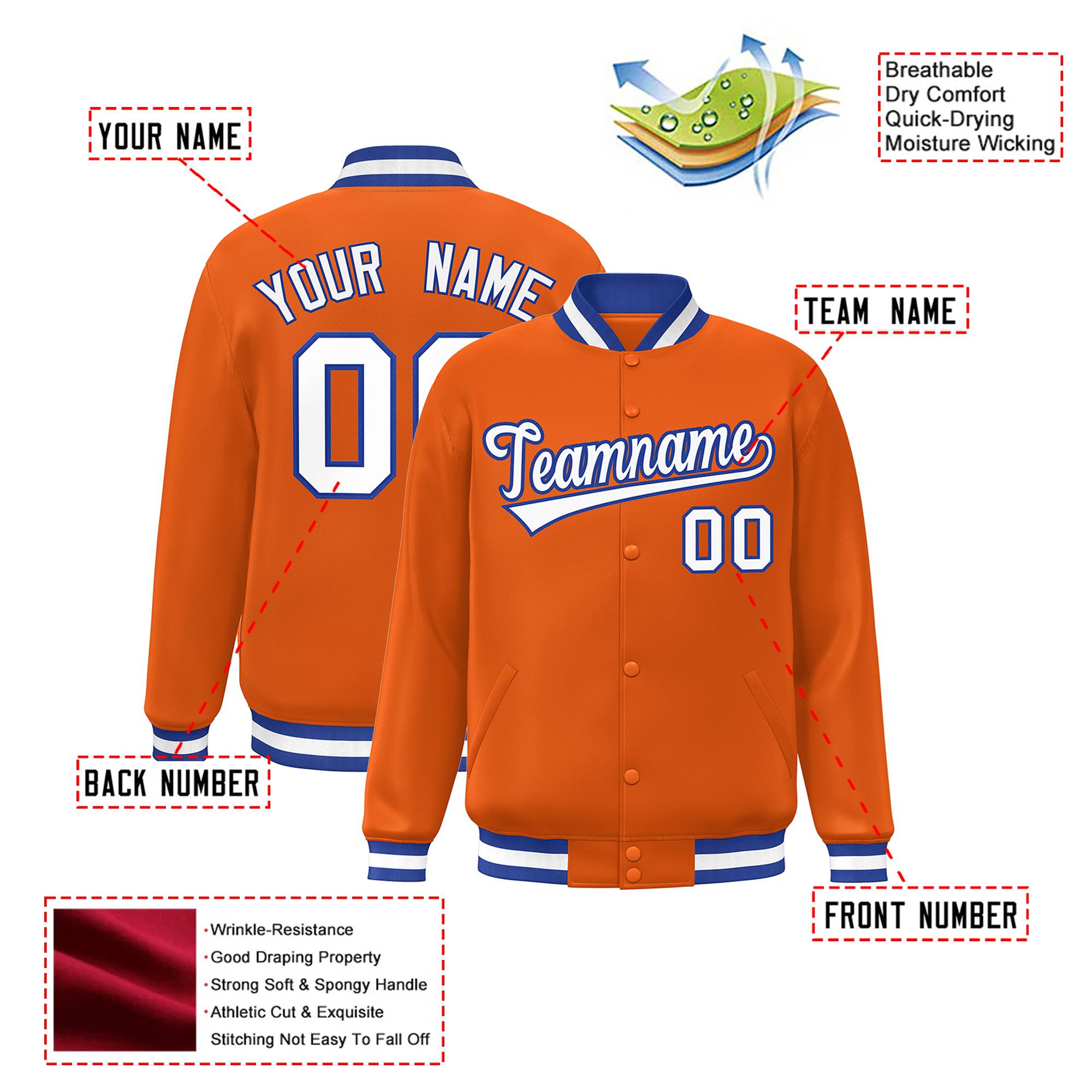 Custom Orange White Thunder-Blue Bomber Full-Snap Varsity Letterman Jacket