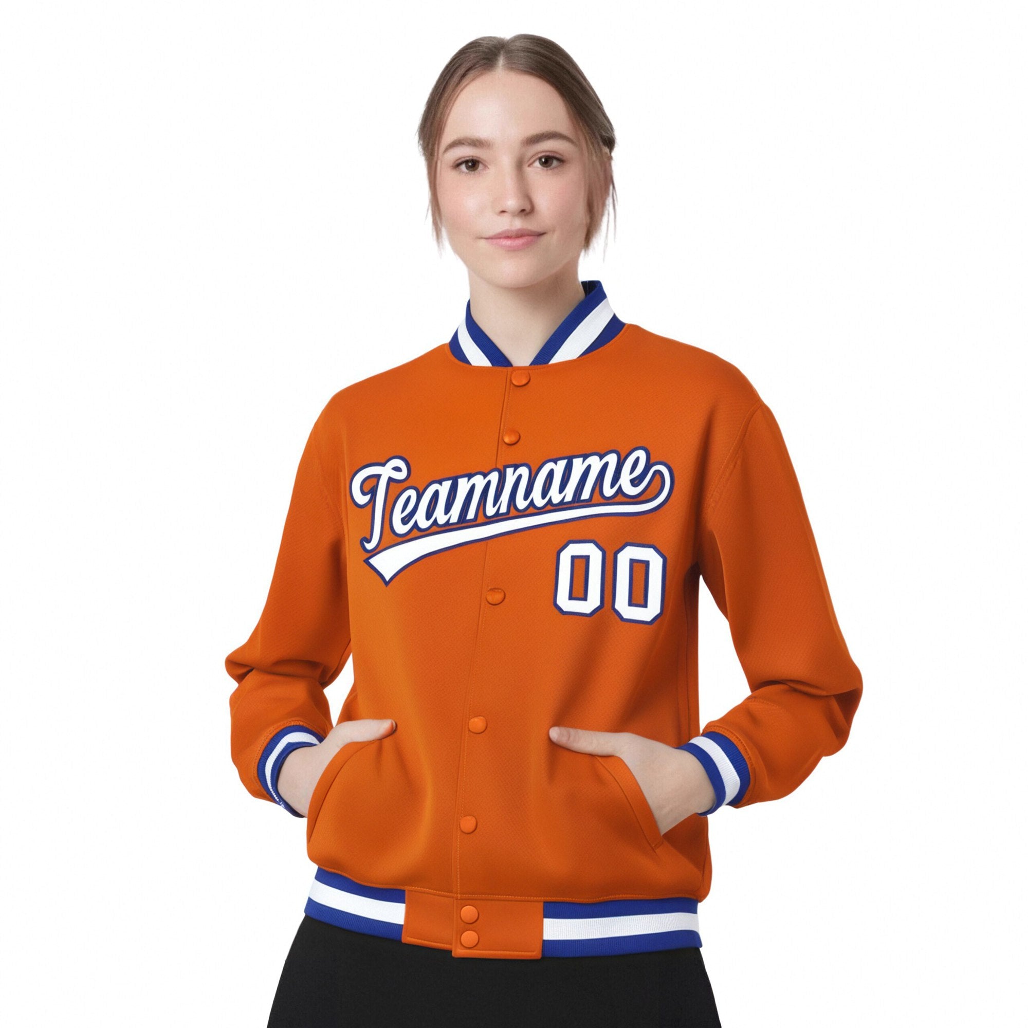 Custom Orange White Thunder-Blue Bomber Full-Snap Varsity Letterman Jacket