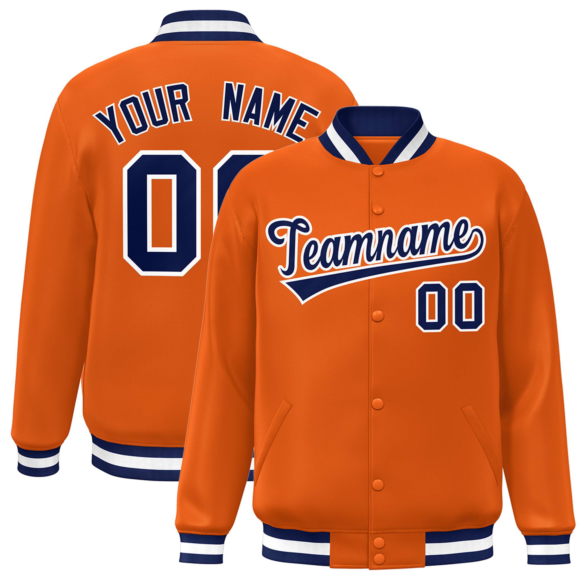 Custom Orange Navy White Bomber Full-Snap Varsity Letterman Jacket