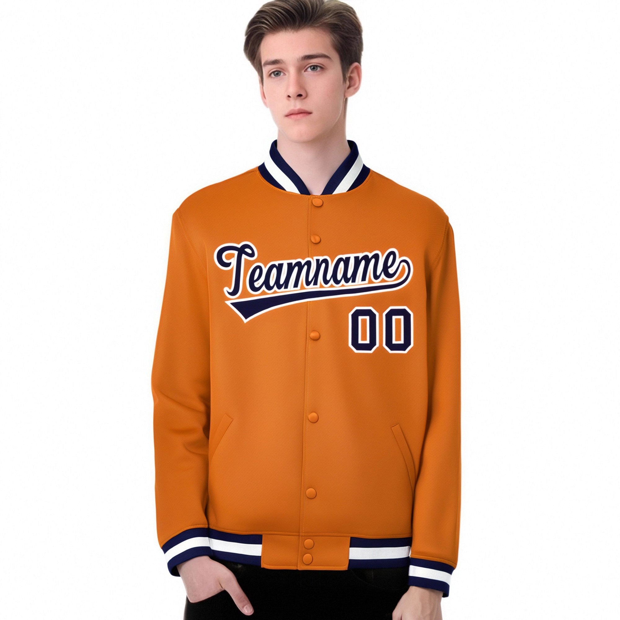 Custom Orange Navy White Bomber Full-Snap Varsity Letterman Jacket