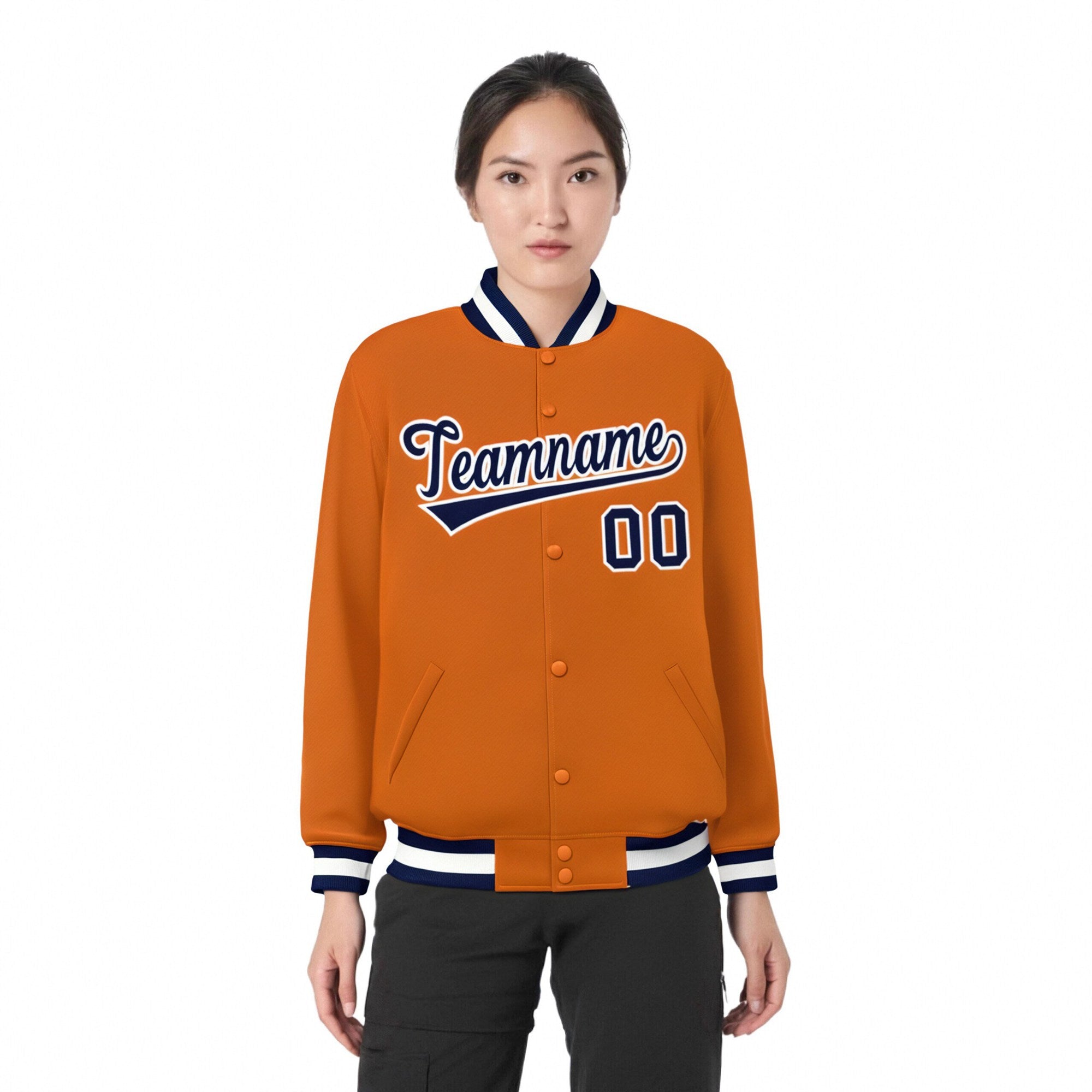 Custom Orange Navy White Bomber Full-Snap Varsity Letterman Jacket