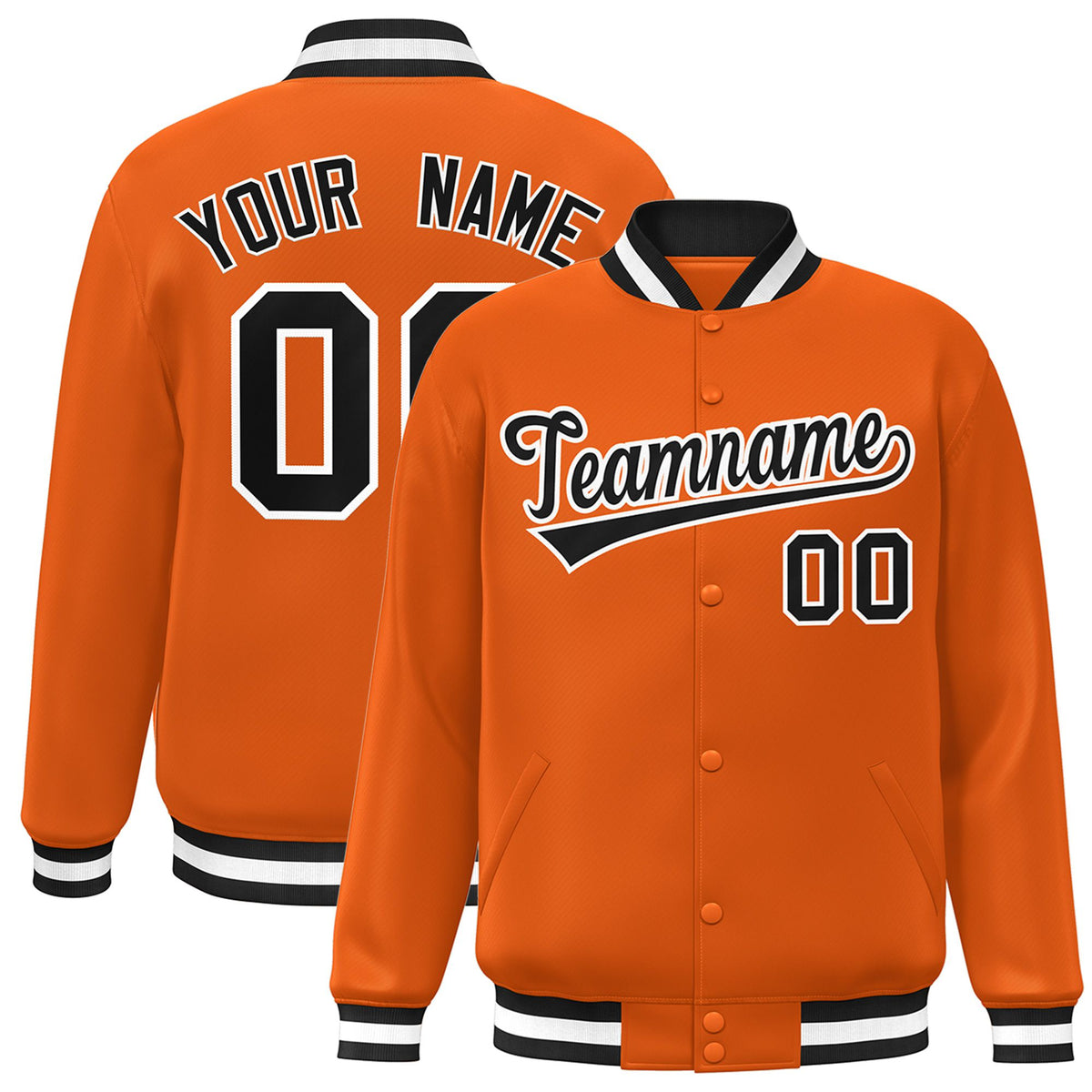 Custom Orange Black White Bomber Full-Snap Varsity Letterman Jacket