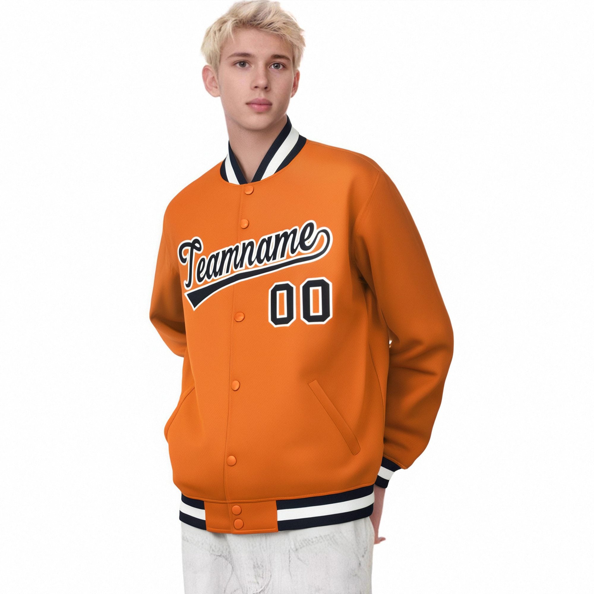 Custom Orange Black White Bomber Full-Snap Varsity Letterman Jacket