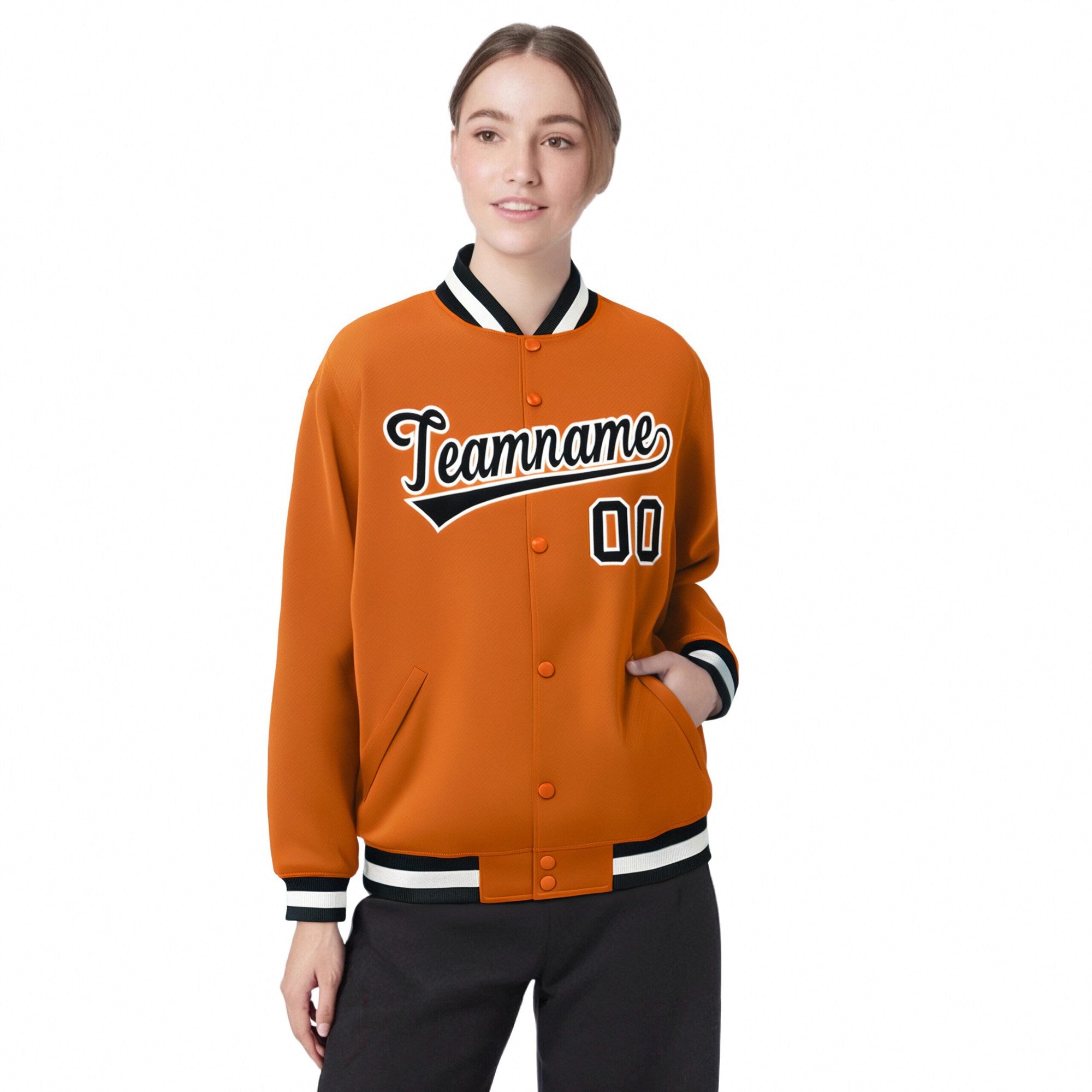 Custom Orange Black White Bomber Full-Snap Varsity Letterman Jacket