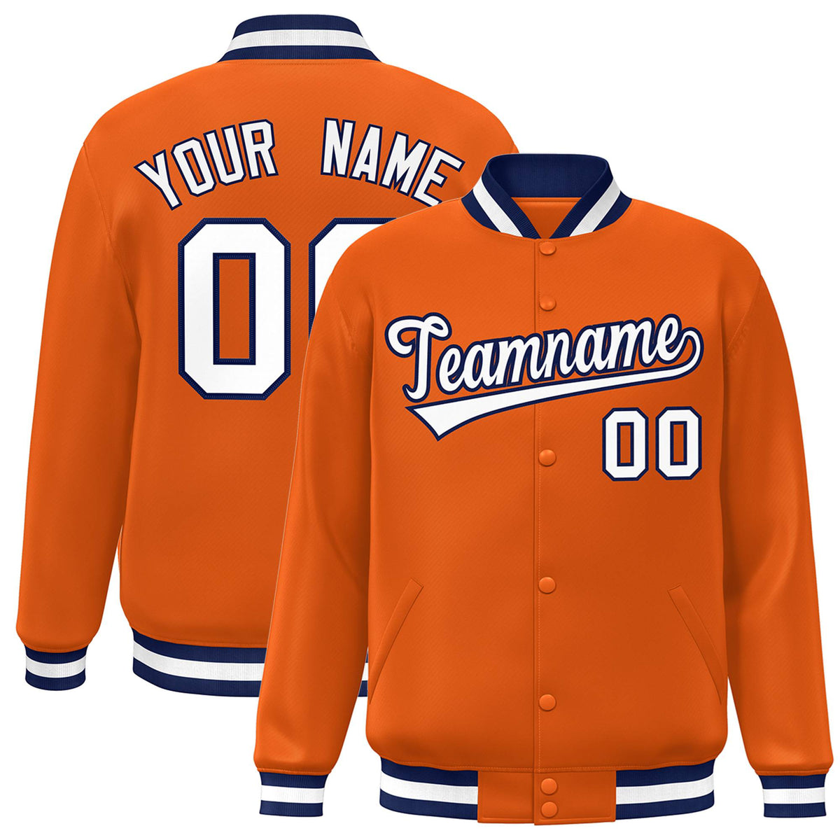 Custom Orange White Navy Bomber Full-Snap Varsity Letterman Jacket