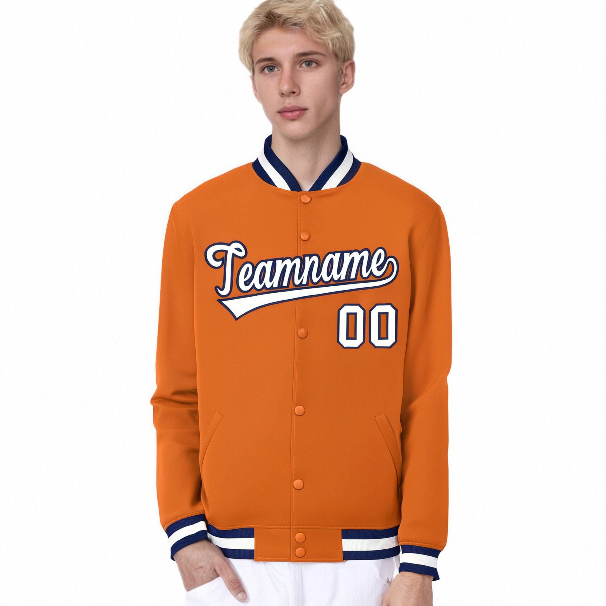 Custom Orange White Navy Bomber Full-Snap Varsity Letterman Jacket