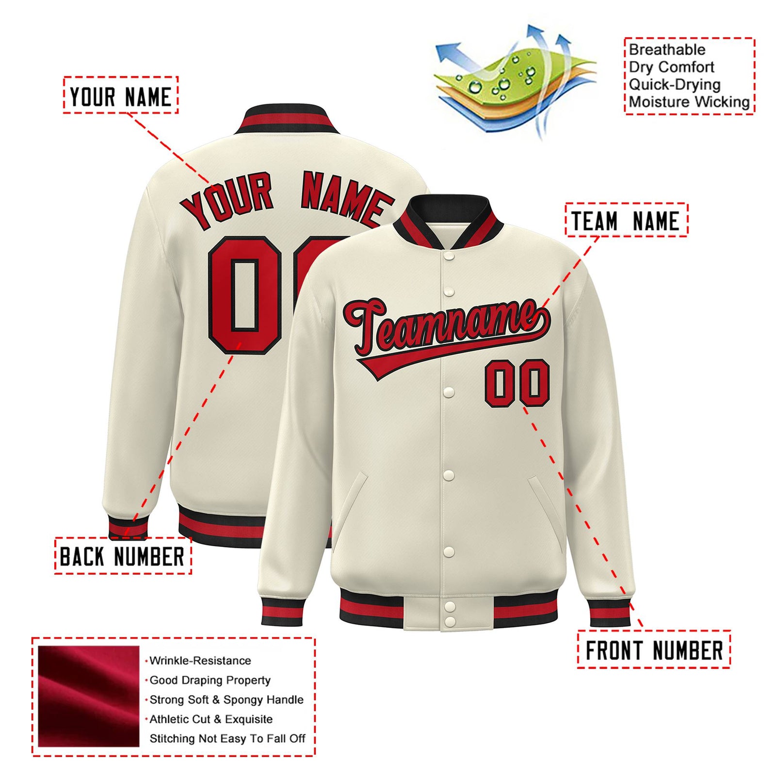 Custom Cream Red Black Bomber Full-Snap Varsity Letterman Jacket
