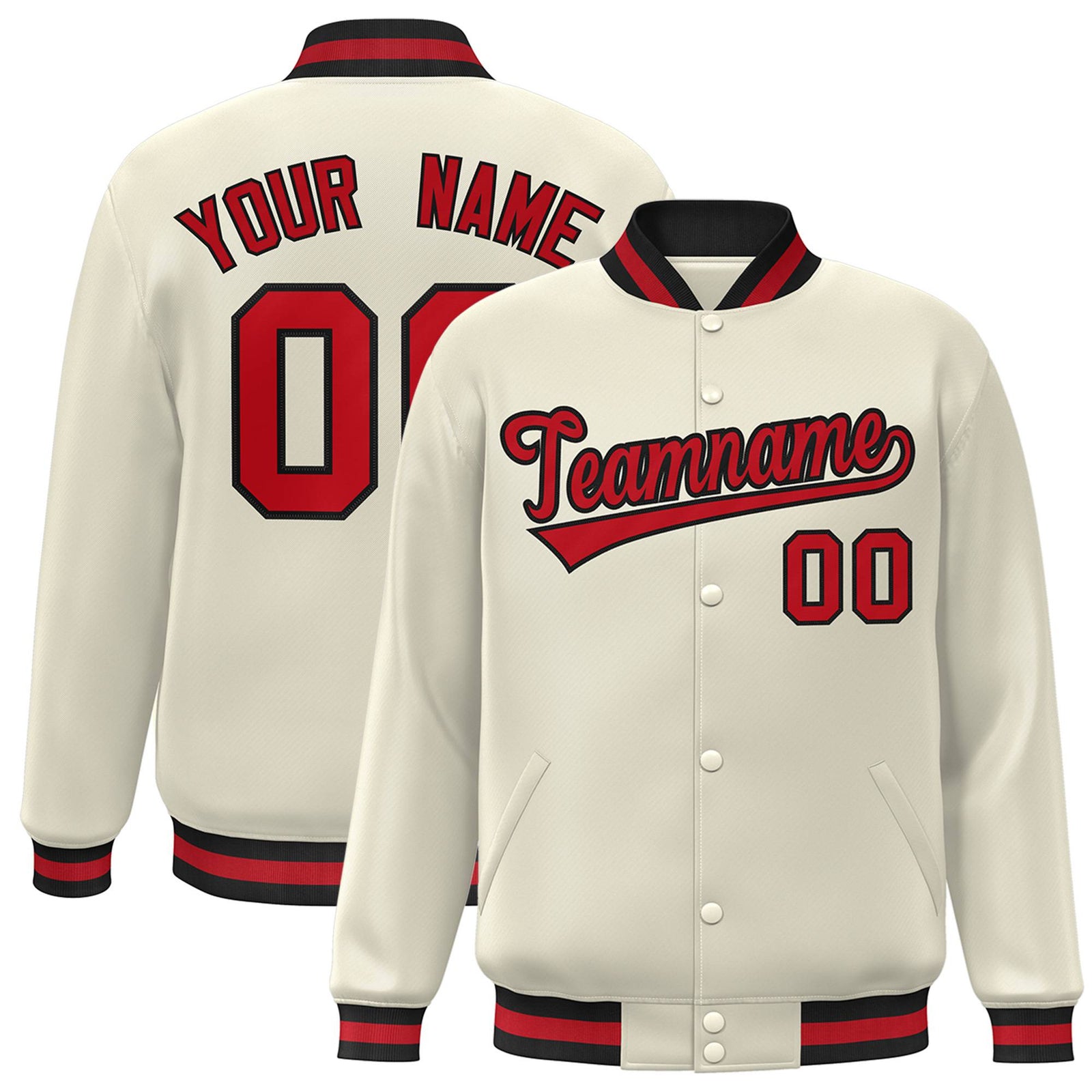 Custom Cream Red Black Bomber Full-Snap Varsity Letterman Jacket