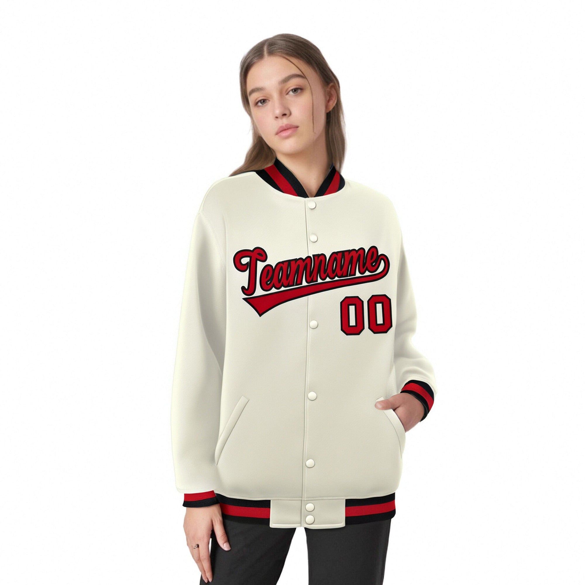 Custom Cream Red Black Bomber Full-Snap Varsity Letterman Jacket