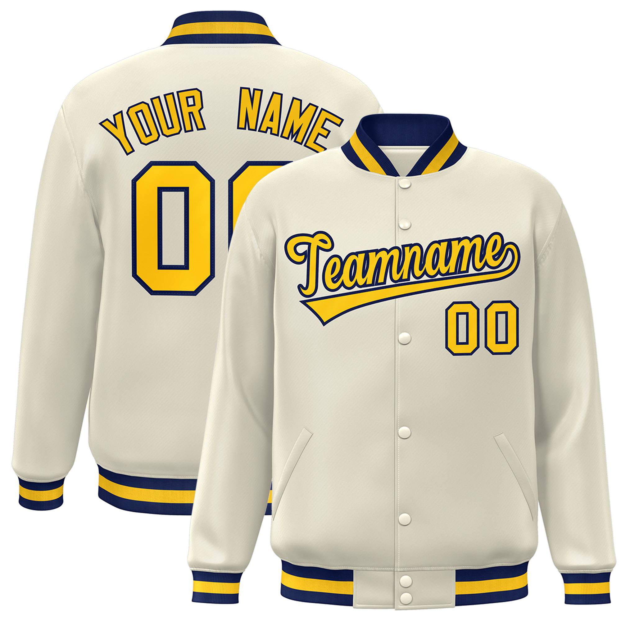 Custom Cream Yellow Navy Bomber Full-Snap Varsity Letterman Jacket