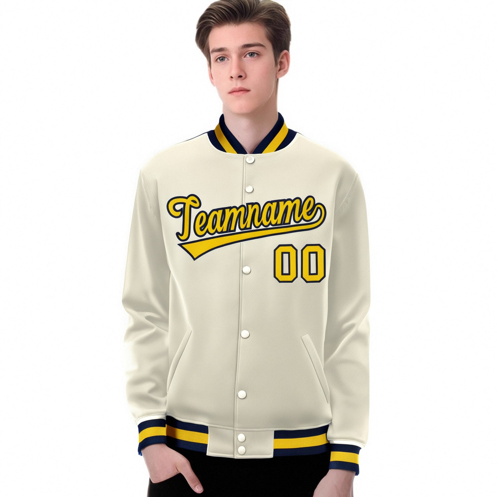 Custom Cream Yellow Navy Bomber Full-Snap Varsity Letterman Jacket