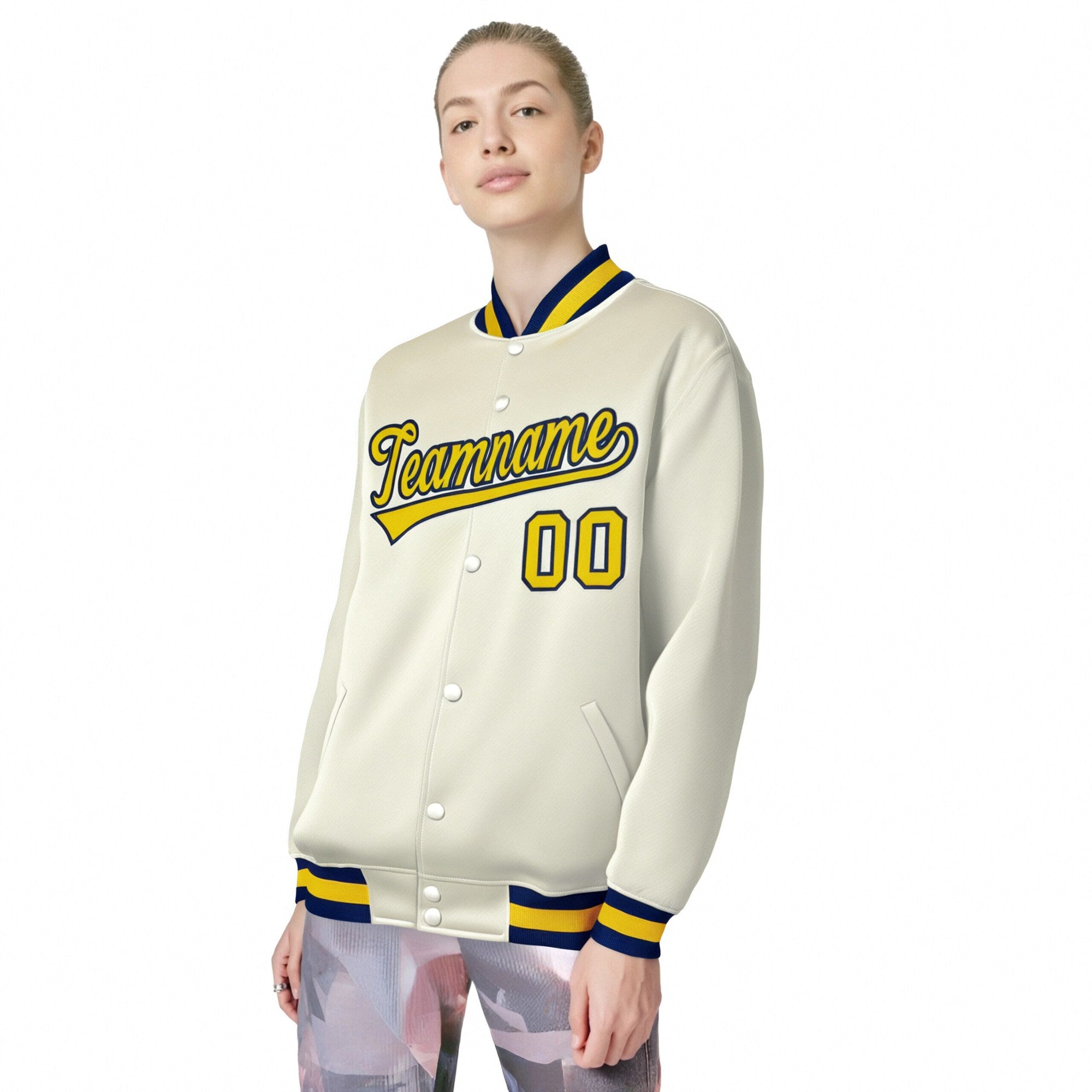 Custom Cream Yellow Navy Bomber Full-Snap Varsity Letterman Jacket