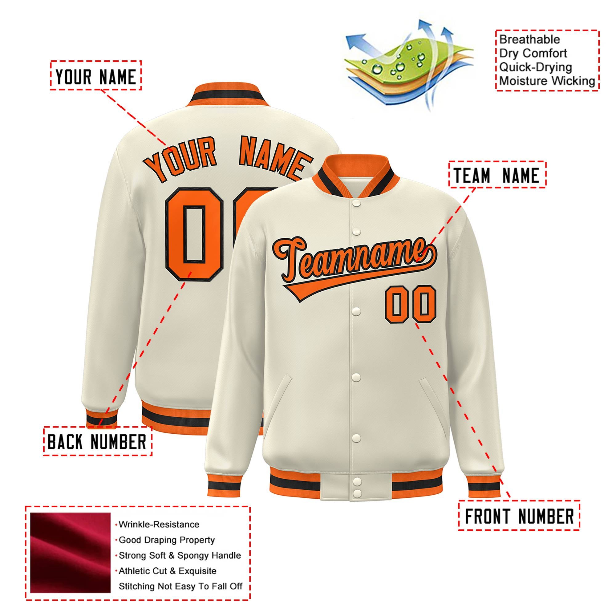 Custom Cream Orange Black Bomber Full-Snap Varsity Letterman Jacket