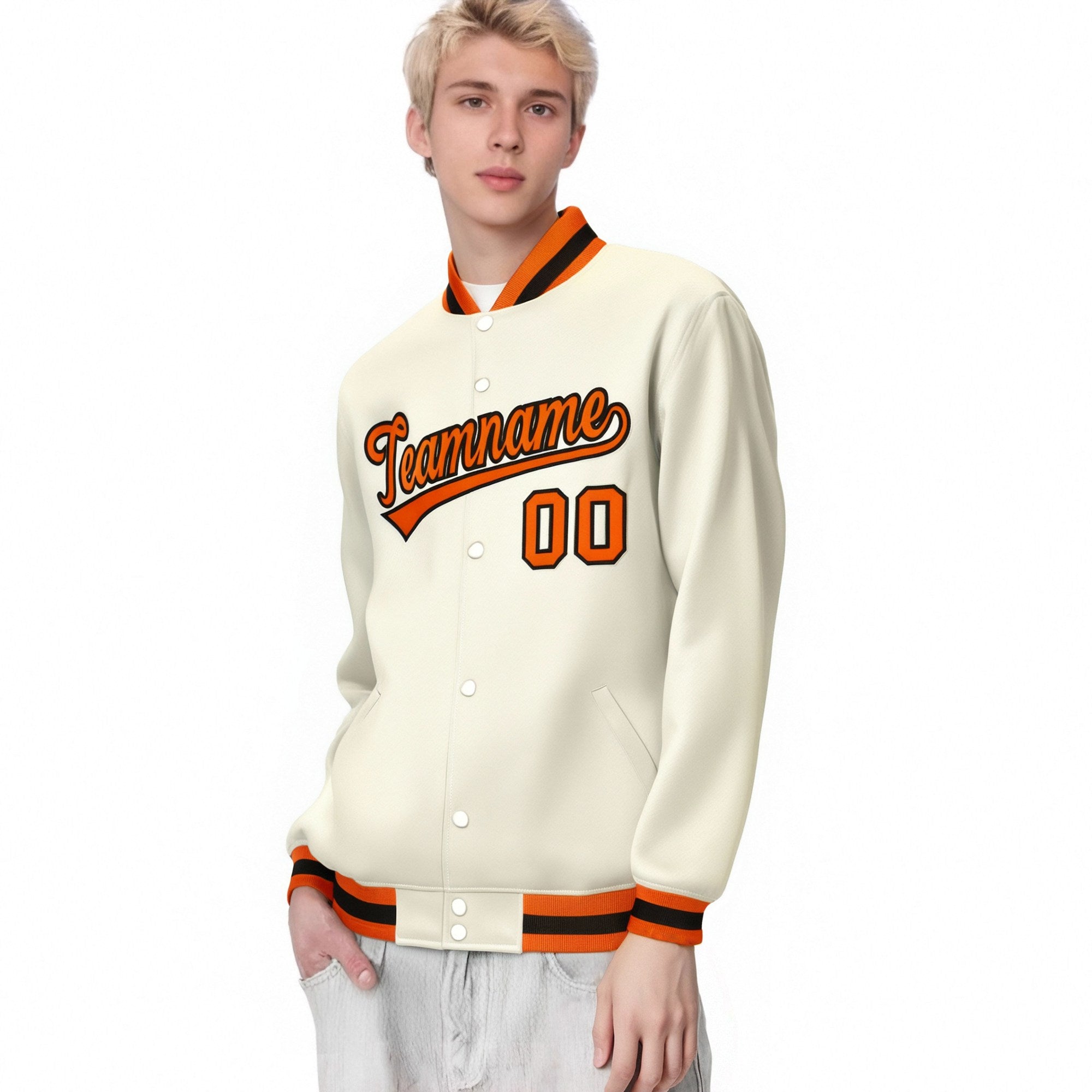 Custom Cream Orange Black Bomber Full-Snap Varsity Letterman Jacket