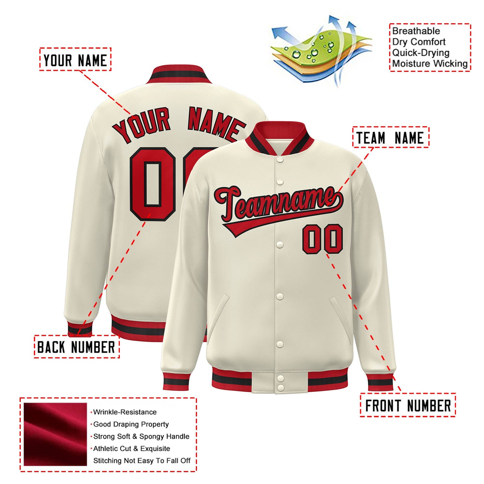 Custom Cream Red Black Bomber Full-Snap Varsity Letterman Jacket