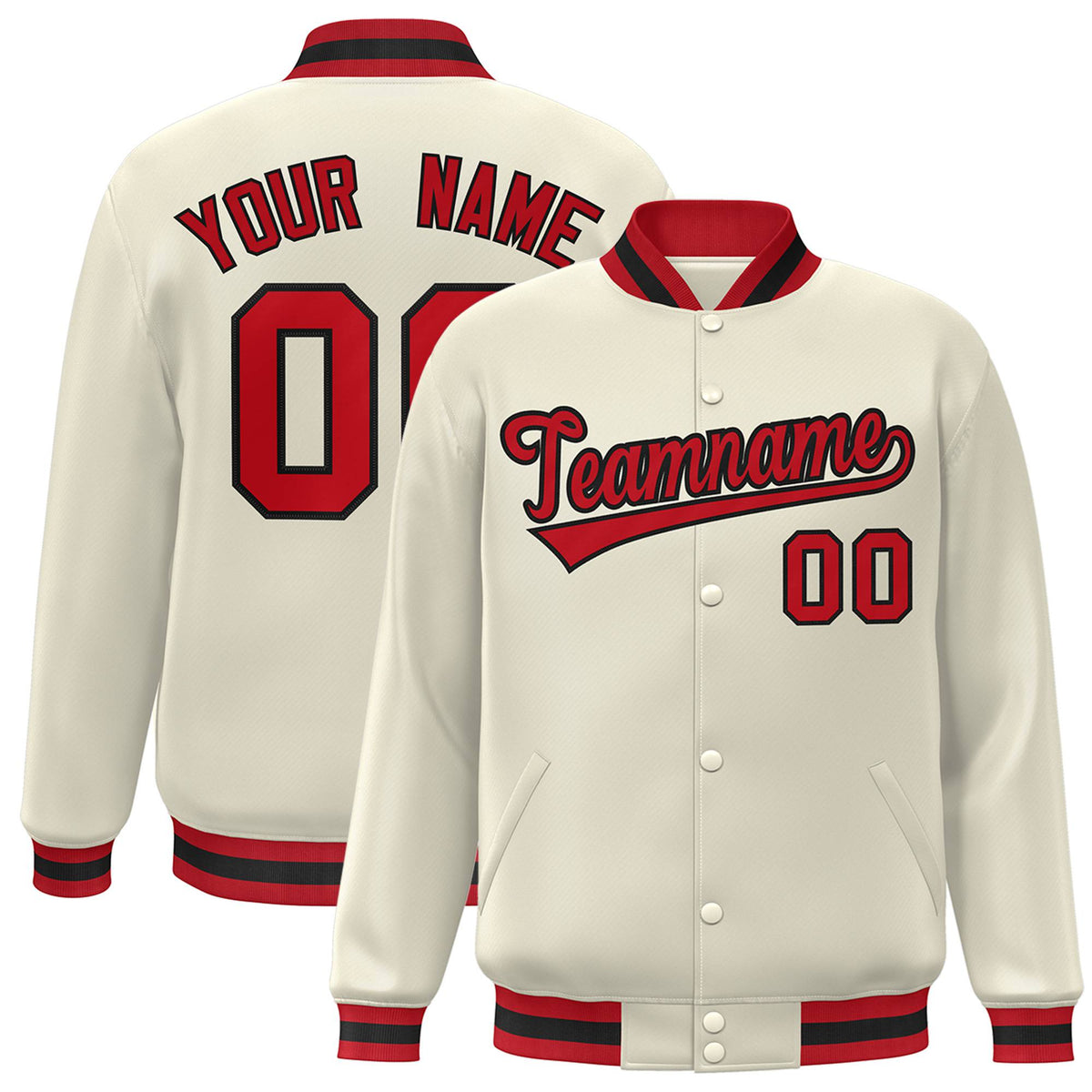 Custom Cream Red Black Bomber Full-Snap Varsity Letterman Jacket