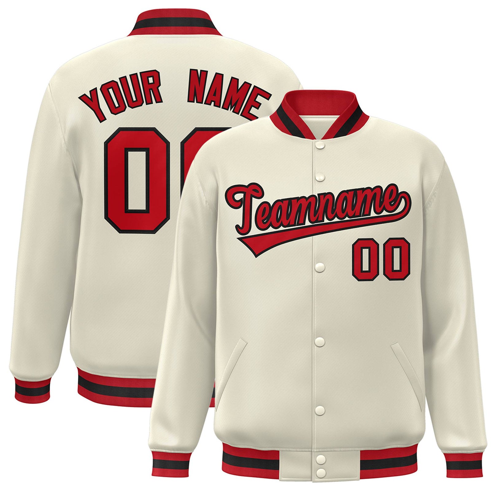 Custom Cream Red Black Bomber Full-Snap Varsity Letterman Jacket