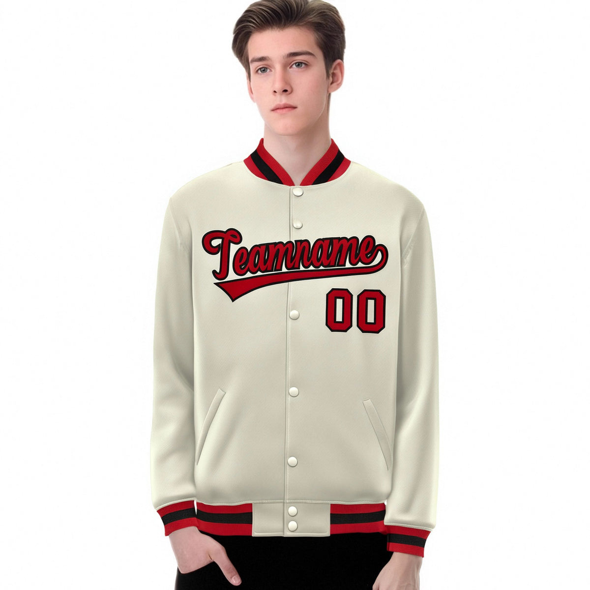 Custom Cream Red Black Bomber Full-Snap Varsity Letterman Jacket