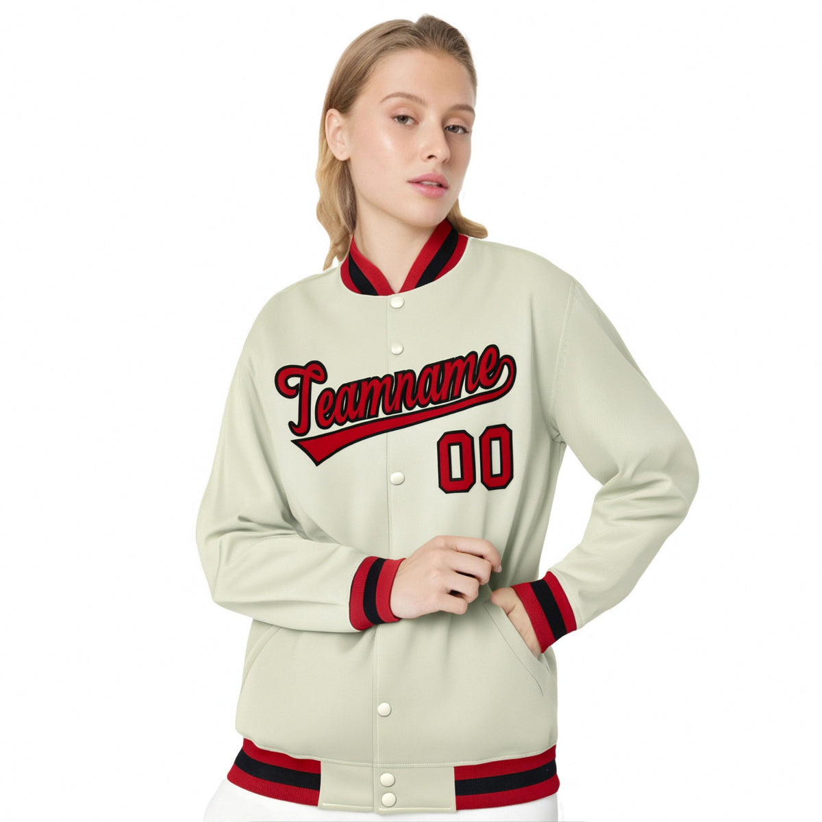 Custom Cream Red Black Bomber Full-Snap Varsity Letterman Jacket
