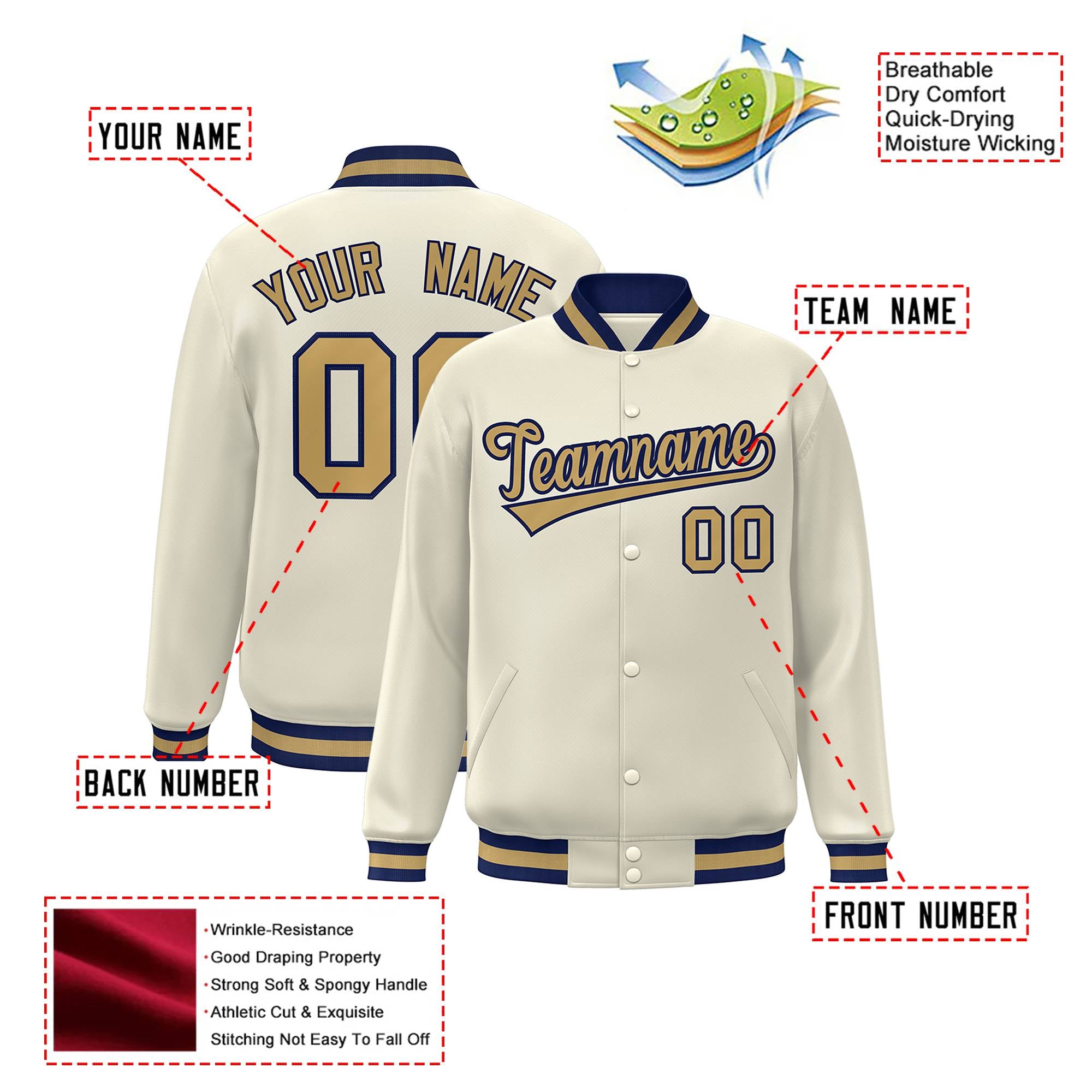 Custom Cream Old-Gold Navy Bomber Full-Snap Varsity Letterman Jacket