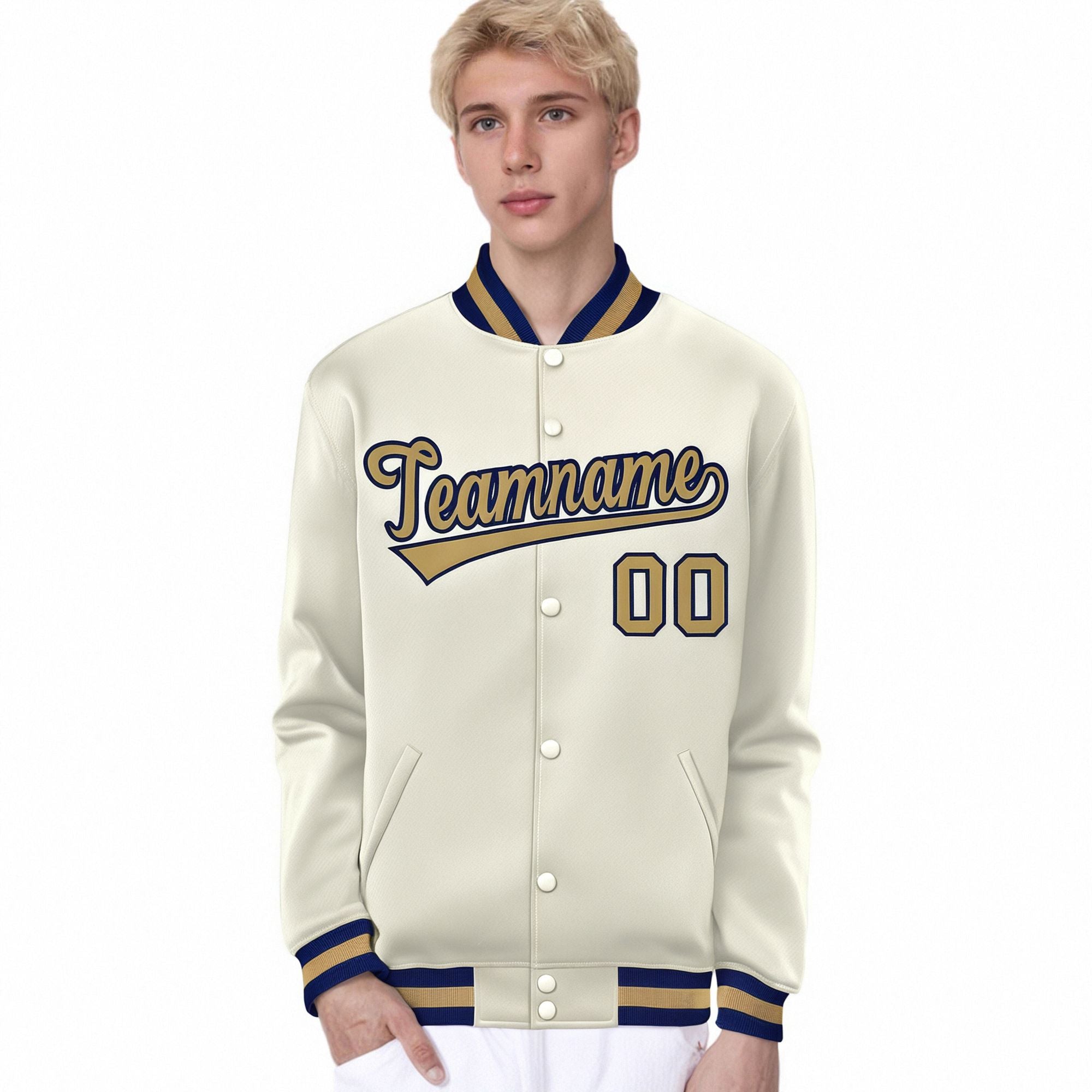 Custom Cream Old-Gold Navy Bomber Full-Snap Varsity Letterman Jacket