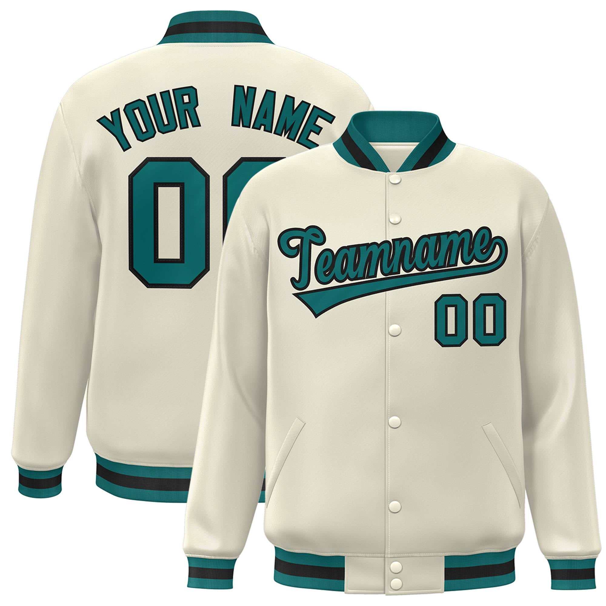 Custom Cream Aqua-Black Bomber Full-Snap Varsity Letterman Jacket