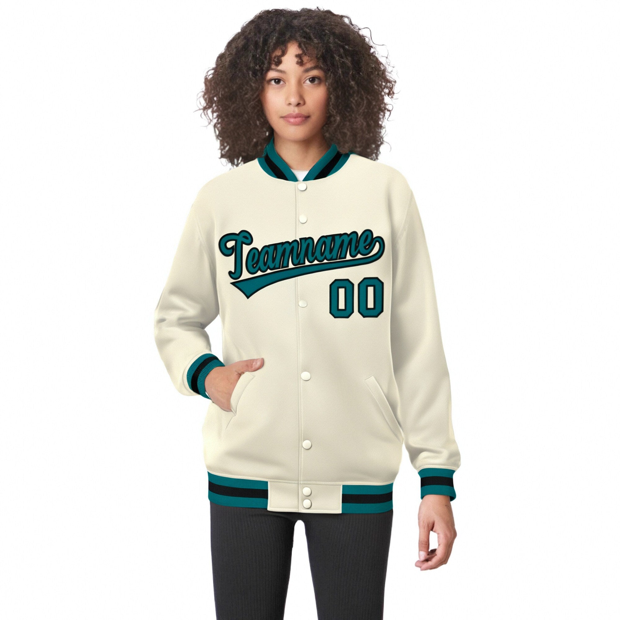 Custom Cream Aqua-Black Bomber Full-Snap Varsity Letterman Jacket