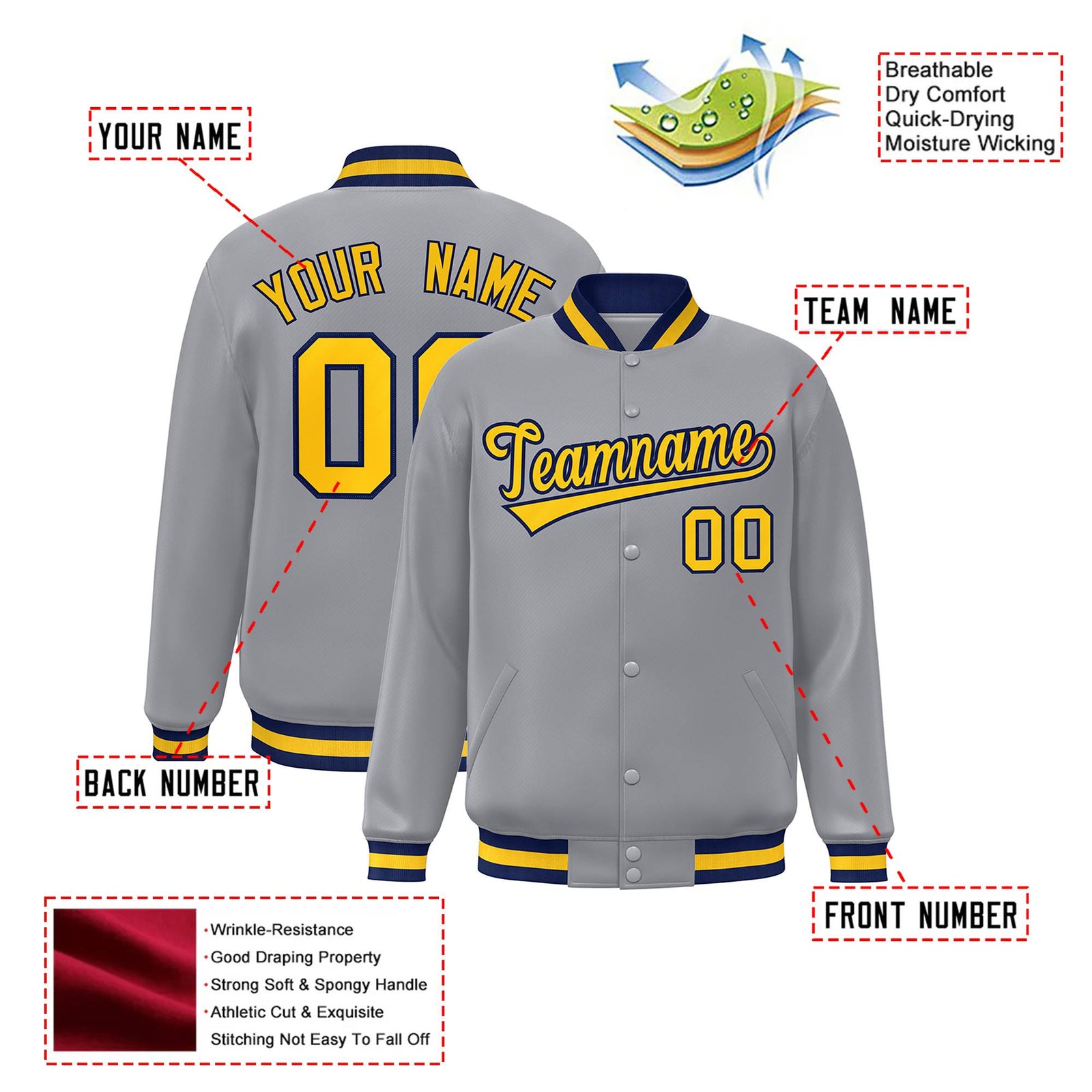 Custom Gray Yellow-Navy Bomber Full-Snap Varsity Letterman Jacket