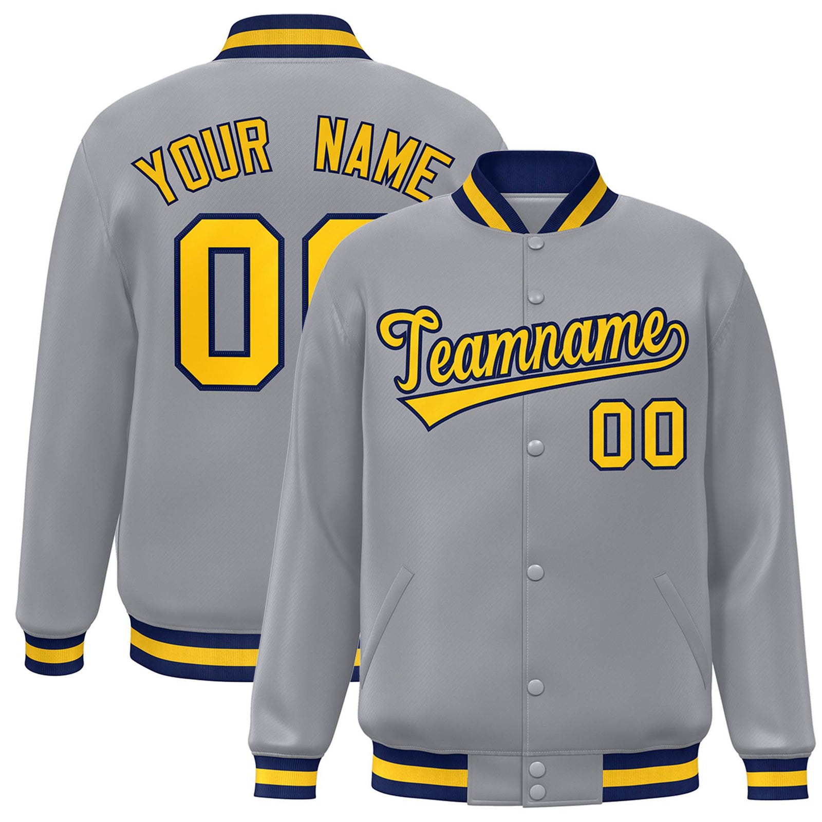 Custom Gray Yellow-Navy Bomber Full-Snap Varsity Letterman Jacket
