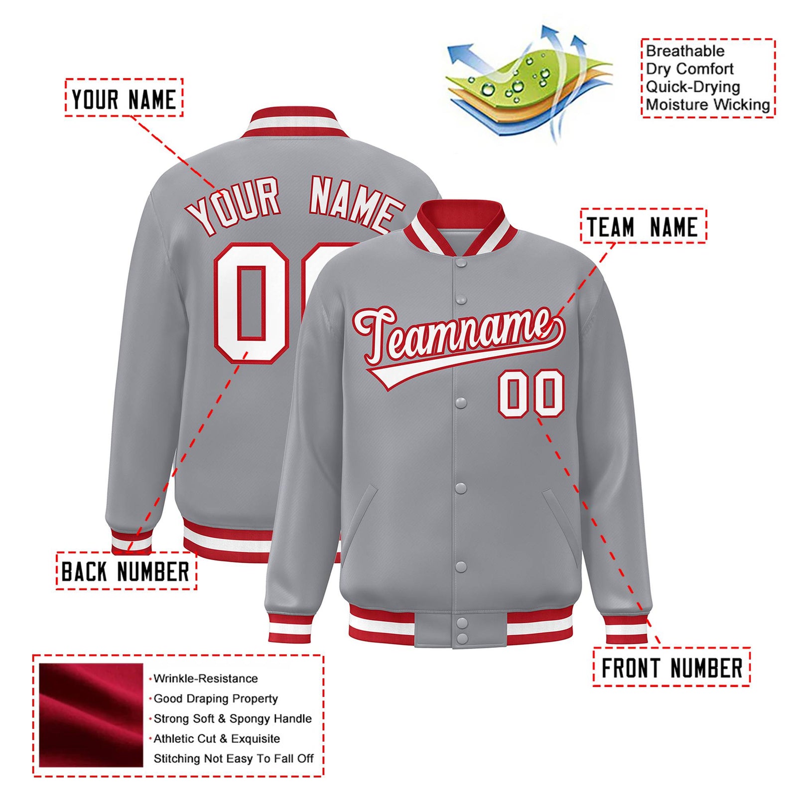 Custom Gray White-Red Bomber Full-Snap Varsity Letterman Jacket
