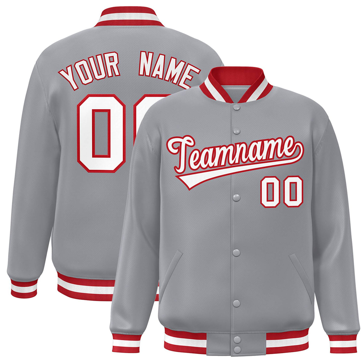 Custom Gray White-Red Bomber Full-Snap Varsity Letterman Jacket