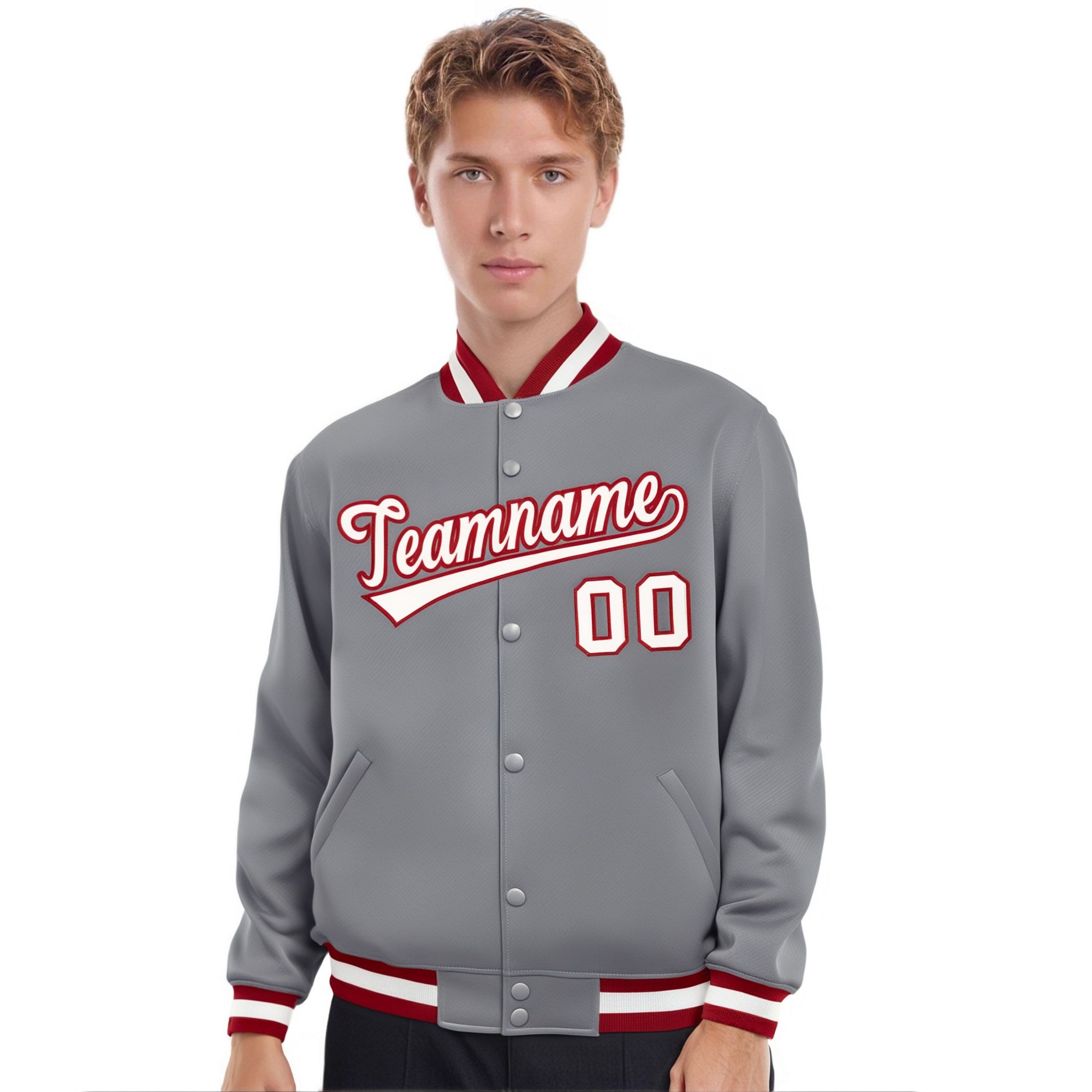 Custom Gray White-Red Bomber Full-Snap Varsity Letterman Jacket