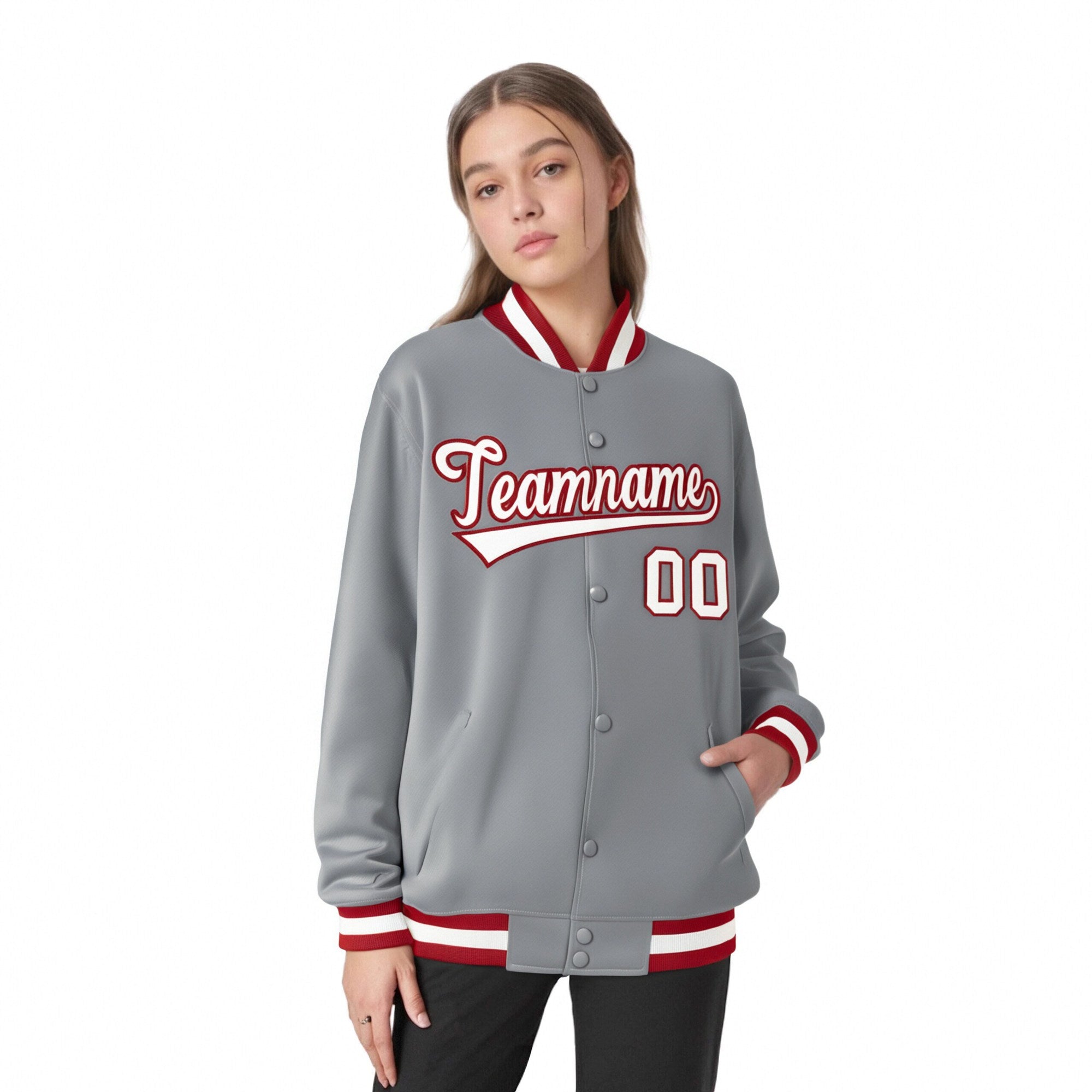 Custom Gray White-Red Bomber Full-Snap Varsity Letterman Jacket