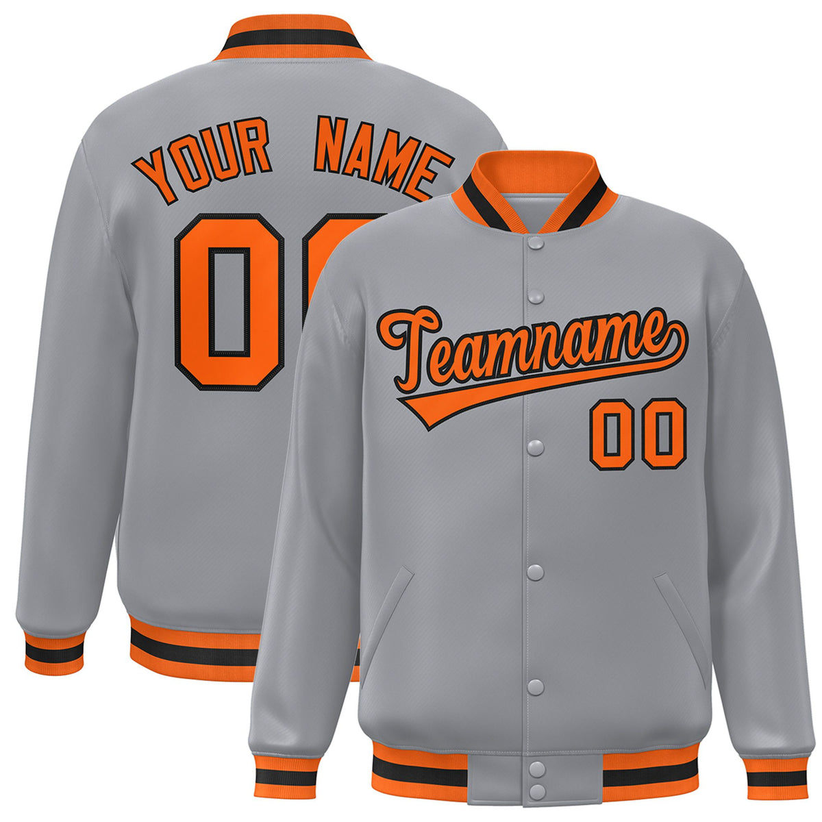 Custom Gray Orange-Black Bomber Full-Snap Varsity Letterman Jacket