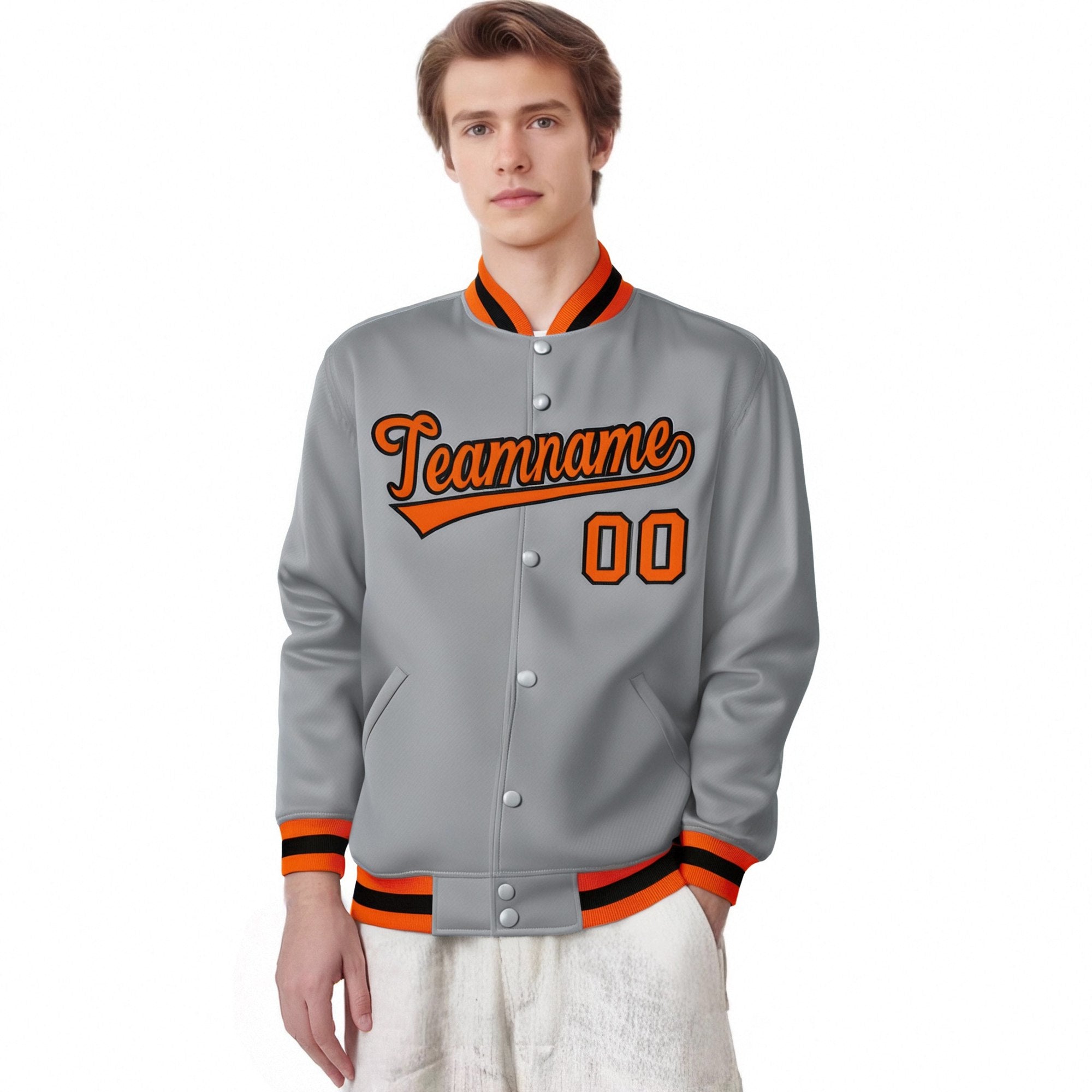 Custom Gray Orange-Black Bomber Full-Snap Varsity Letterman Jacket