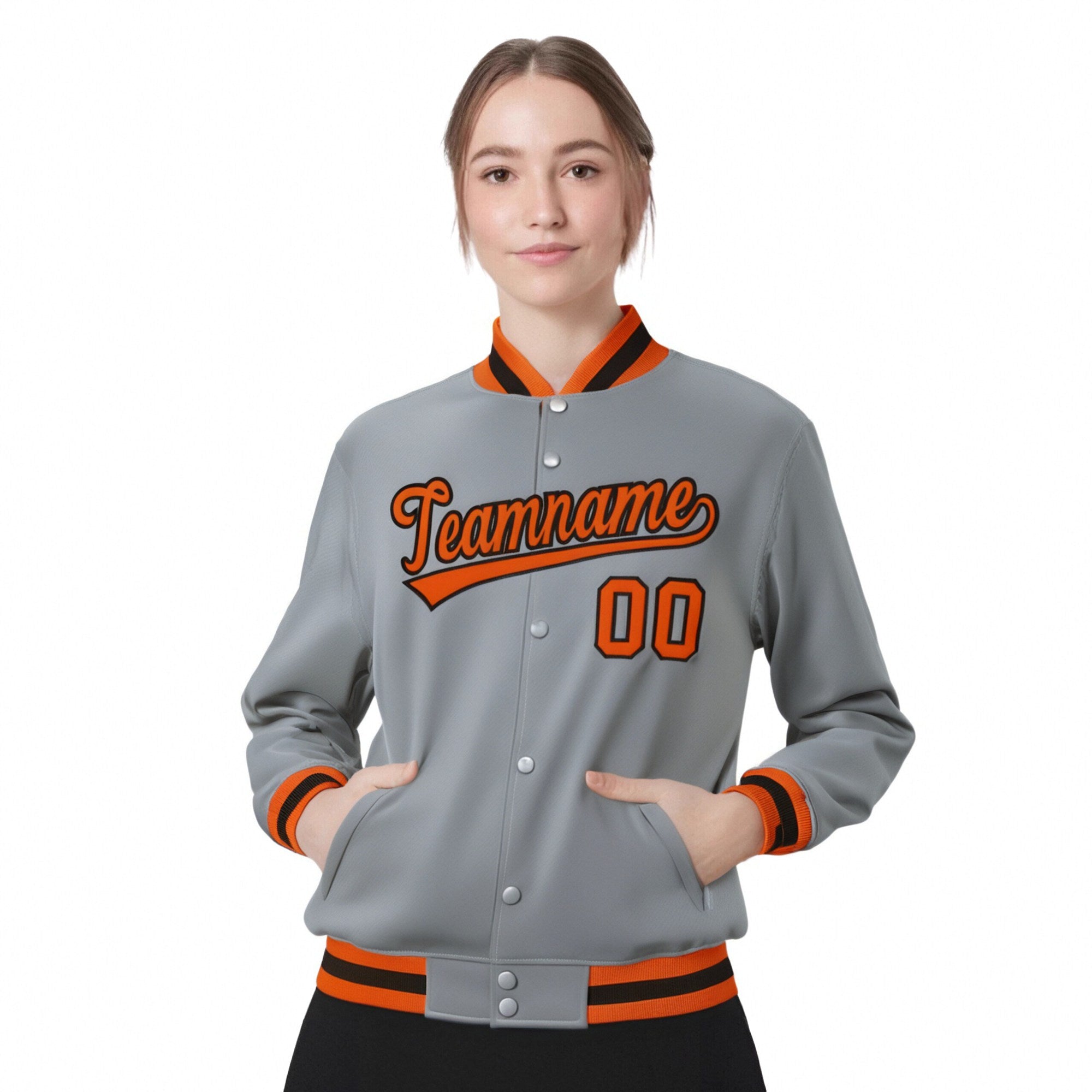 Custom Gray Orange-Black Bomber Full-Snap Varsity Letterman Jacket