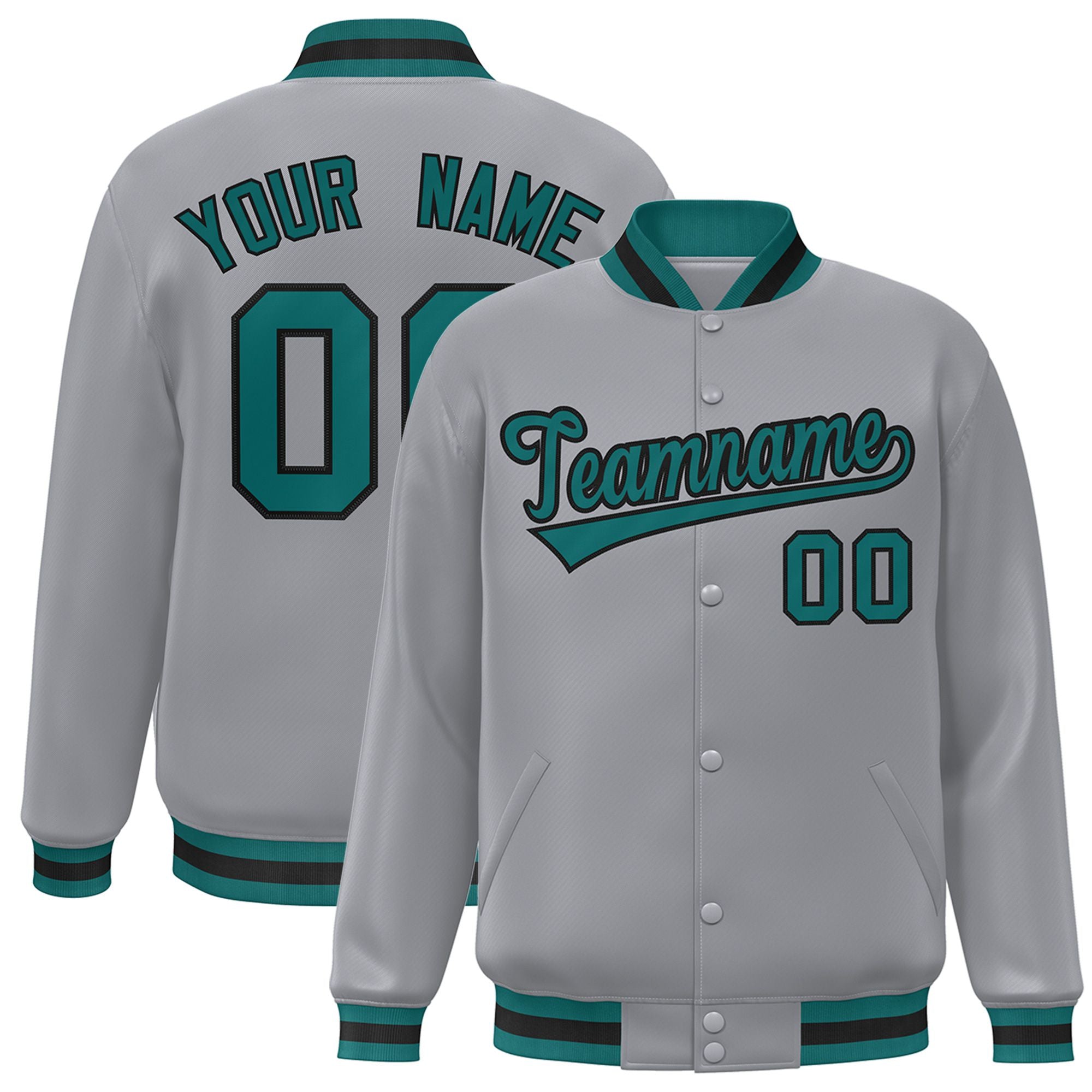 Custom Gray Aqua-Black Bomber Full-Snap Varsity Letterman Jacket